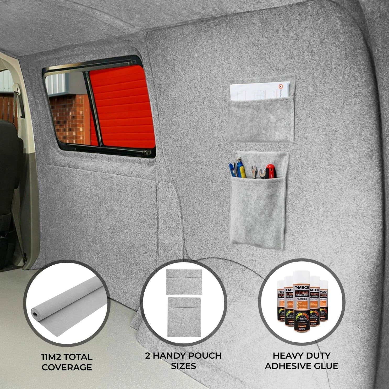 Silver Grey Van Carpet Lining, Storage Pouches & Adhesive Glue by Monster Shop