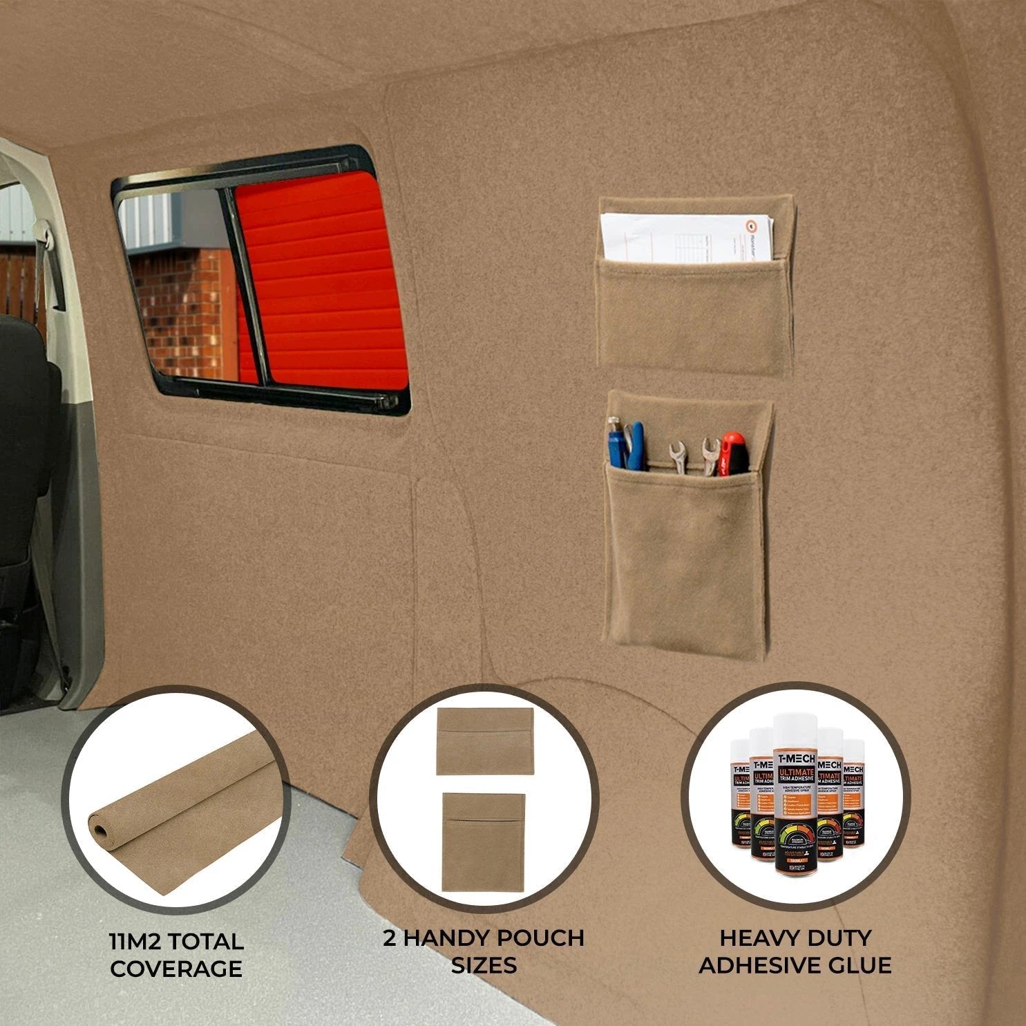 Beige Van Carpet Lining, Storage Pouches & Adhesive Glue by Monster Shop