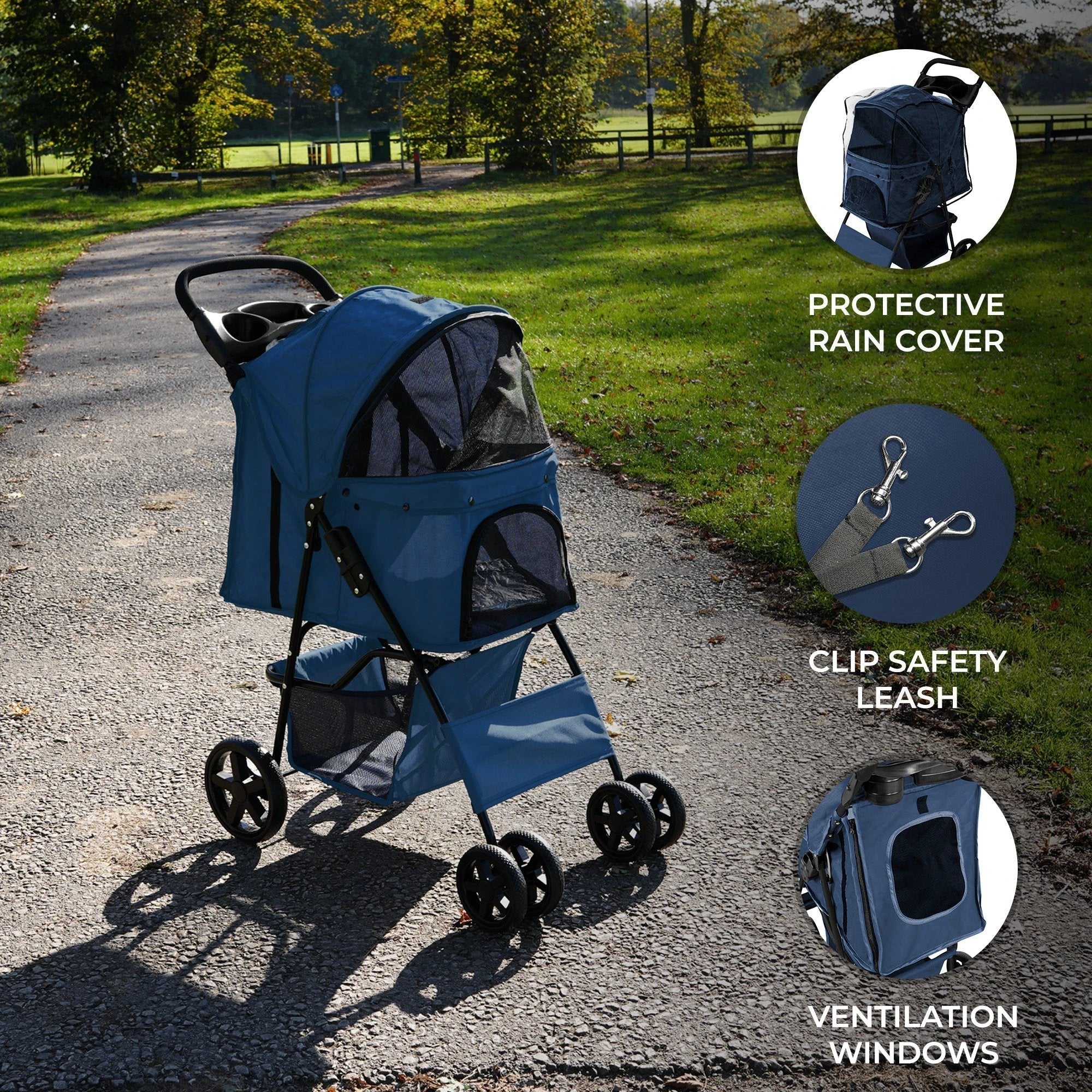 Monster Shop Pet Stroller with Rain Cover – Navy Blue -