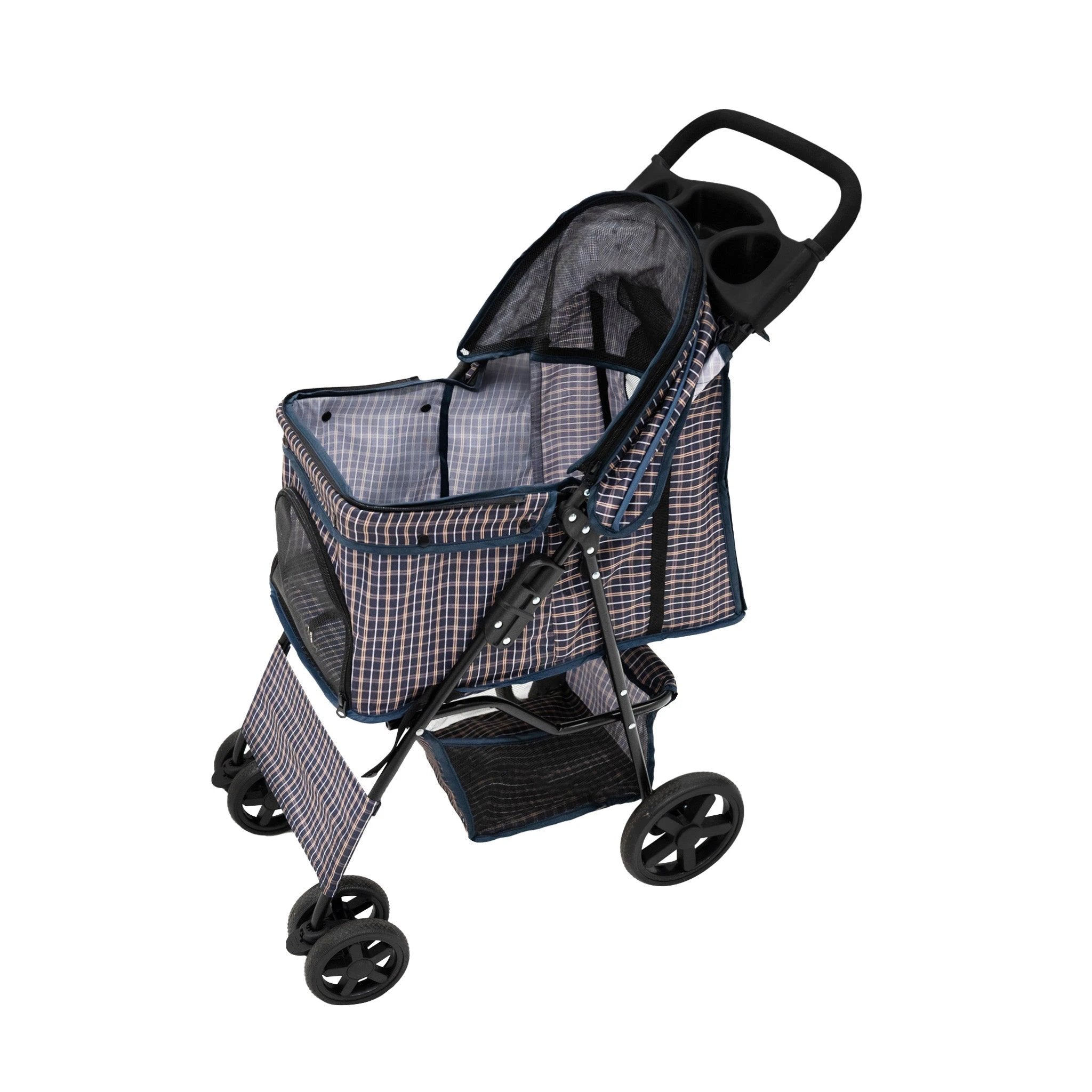 Pet Stroller with Rain Cover – Blue Tartan by Monster Shop