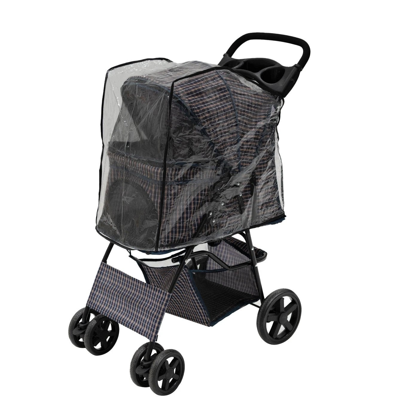 Pet Stroller with Rain Cover – Blue Tartan by Monster Shop