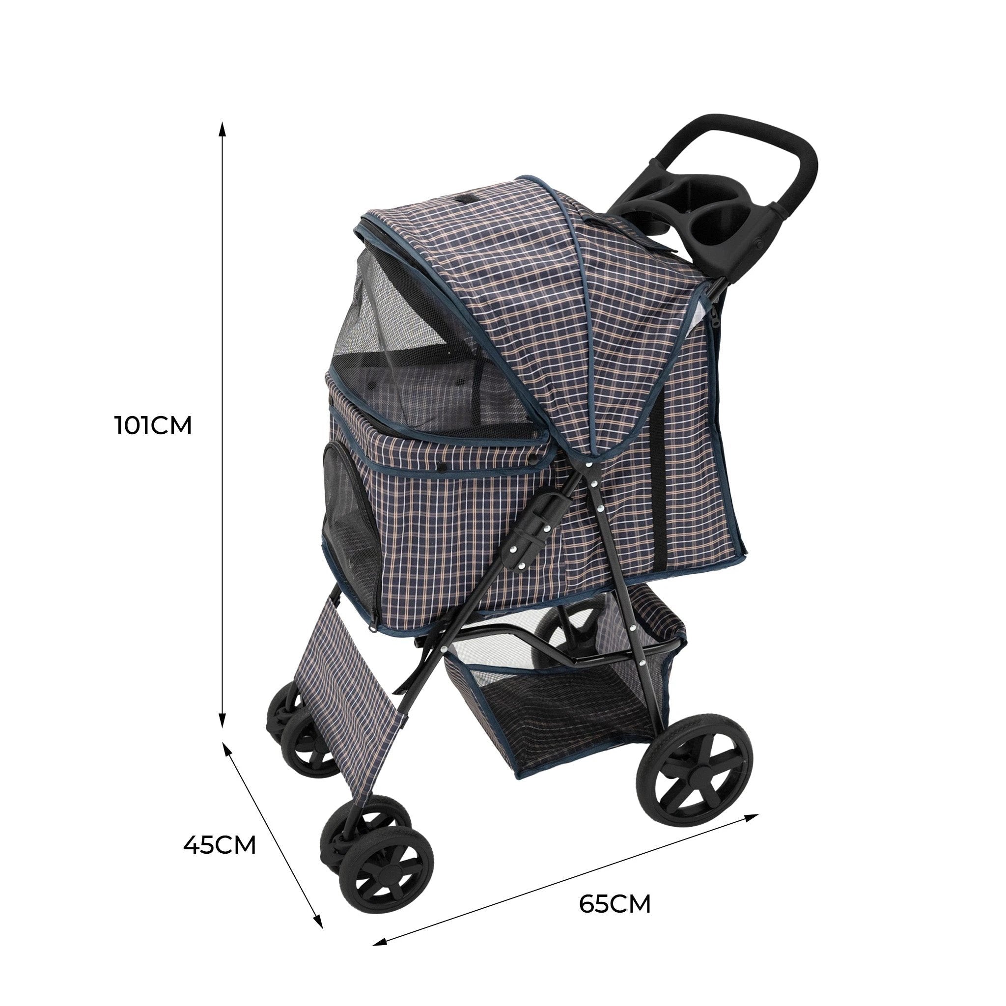 Pet Stroller with Rain Cover – Blue Tartan by Monster Shop