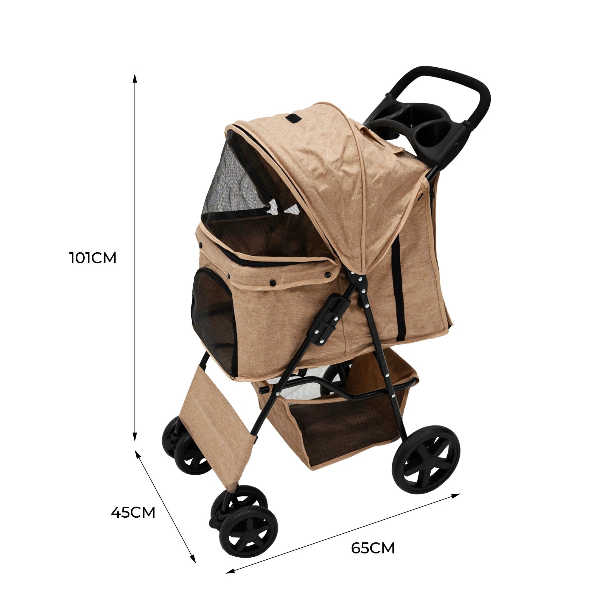 Pet Stroller with Rain Cover – Woven Beige by Monster Shop