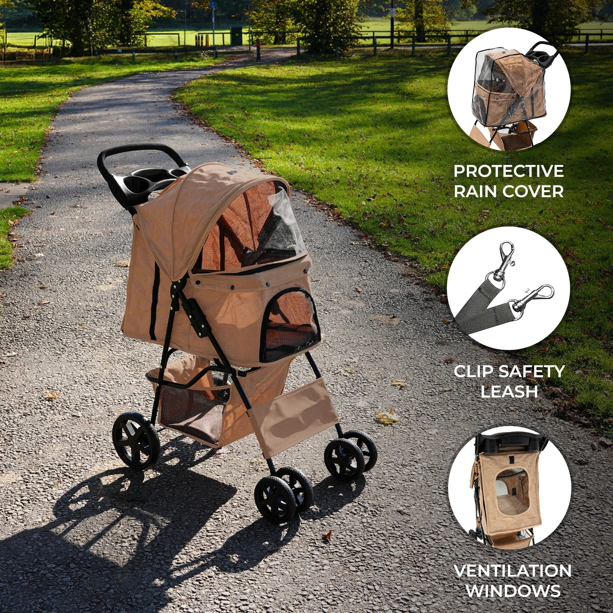 Pet Stroller with Rain Cover – Woven Beige by Monster Shop