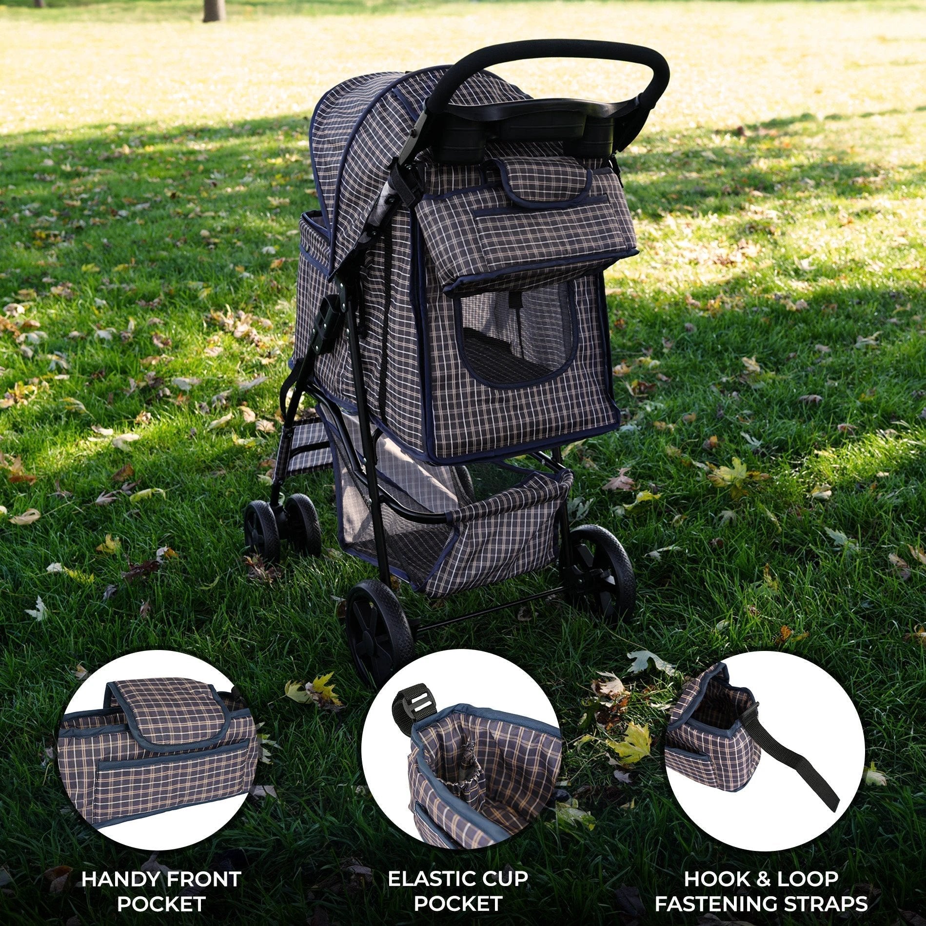 Monster Shop Pet Stroller Caddy Bag - Blue Tartan -