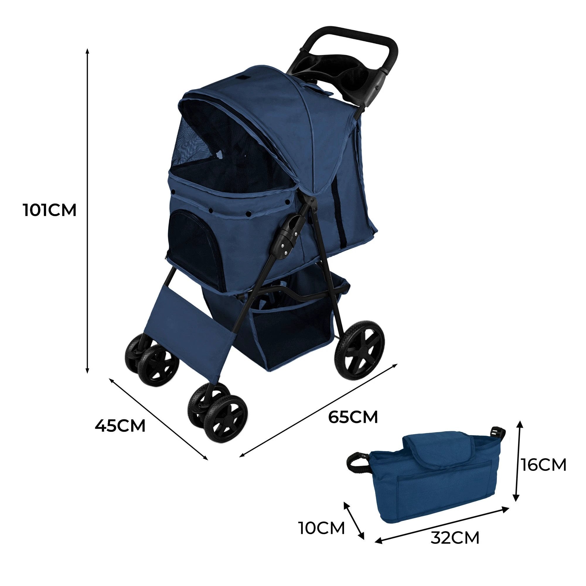 Pet Stroller with Rain Cover & Caddy Bag - Navy Blue by Monster Shop