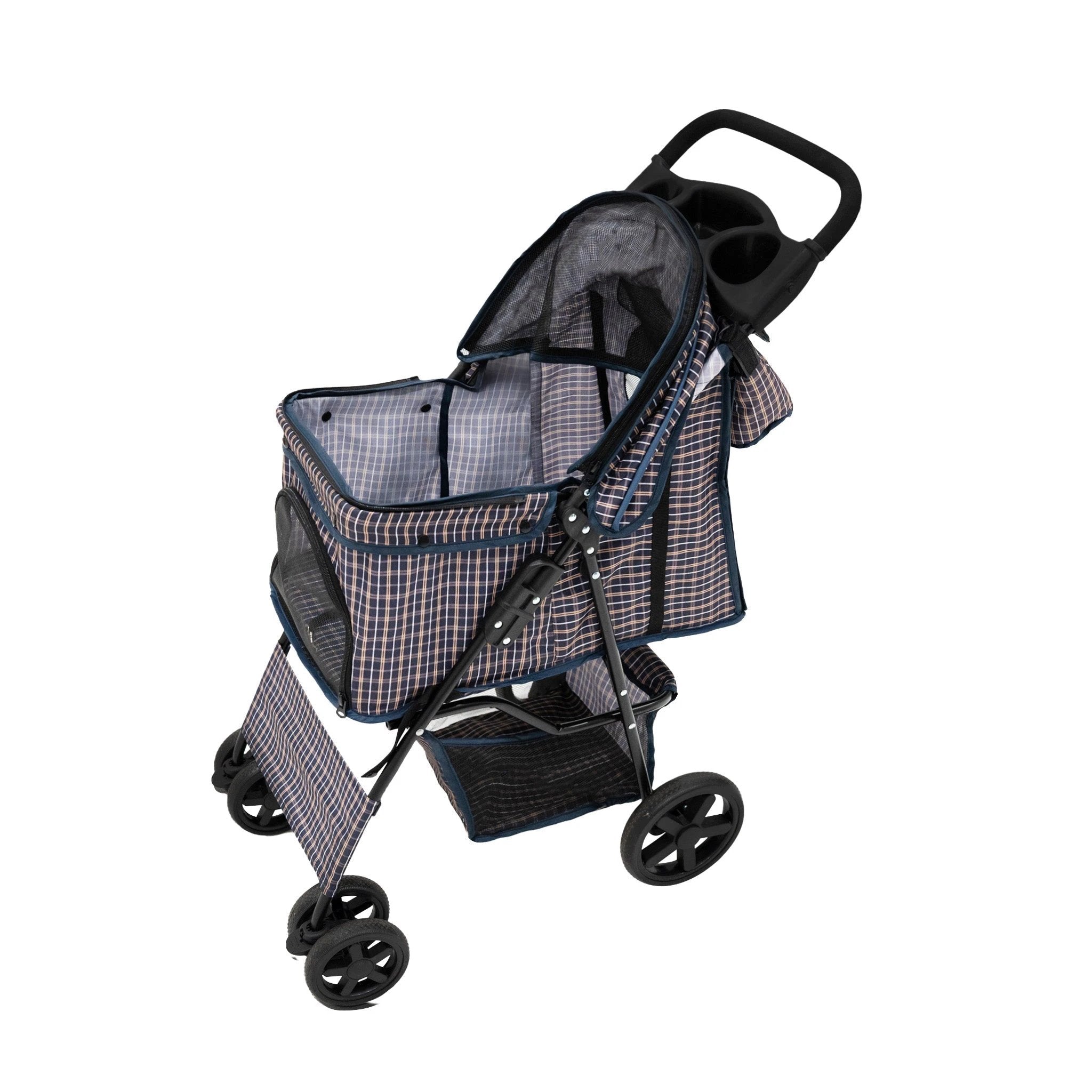 Pet Stroller with Rain Cover & Caddy Bag - Blue Tartan by Monster Shop