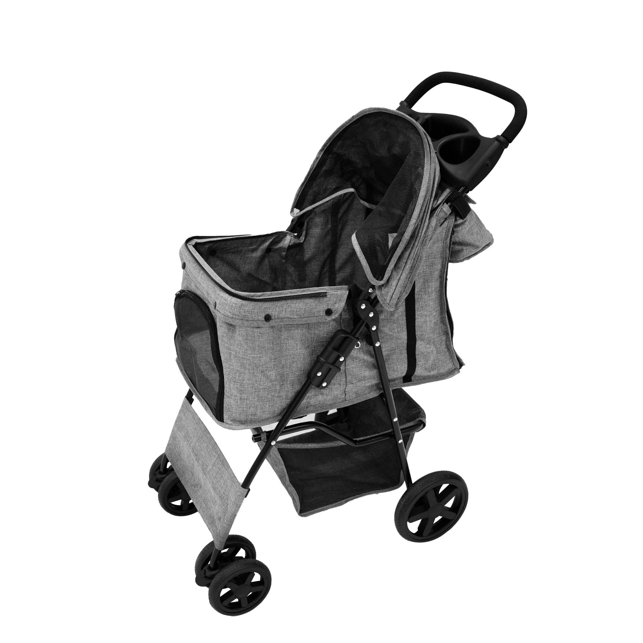 Pet Stroller with Rain Cover & Caddy Bag - Woven Grey by Monster Shop