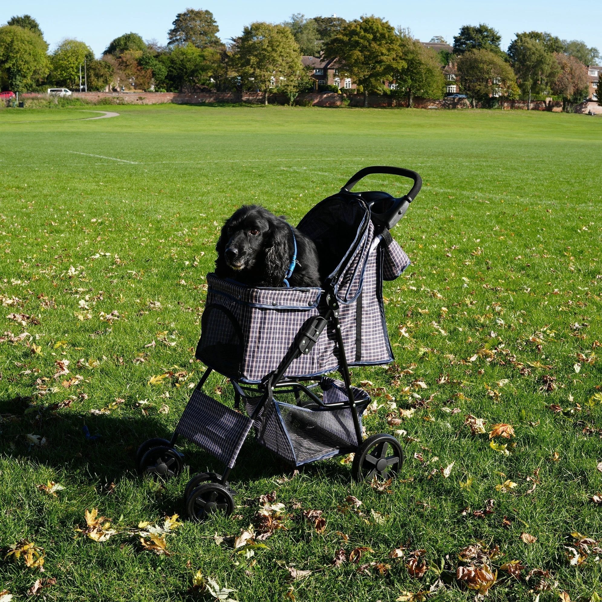 Pet Stroller with Rain Cover & Caddy Bag - Blue Tartan by Monster Shop