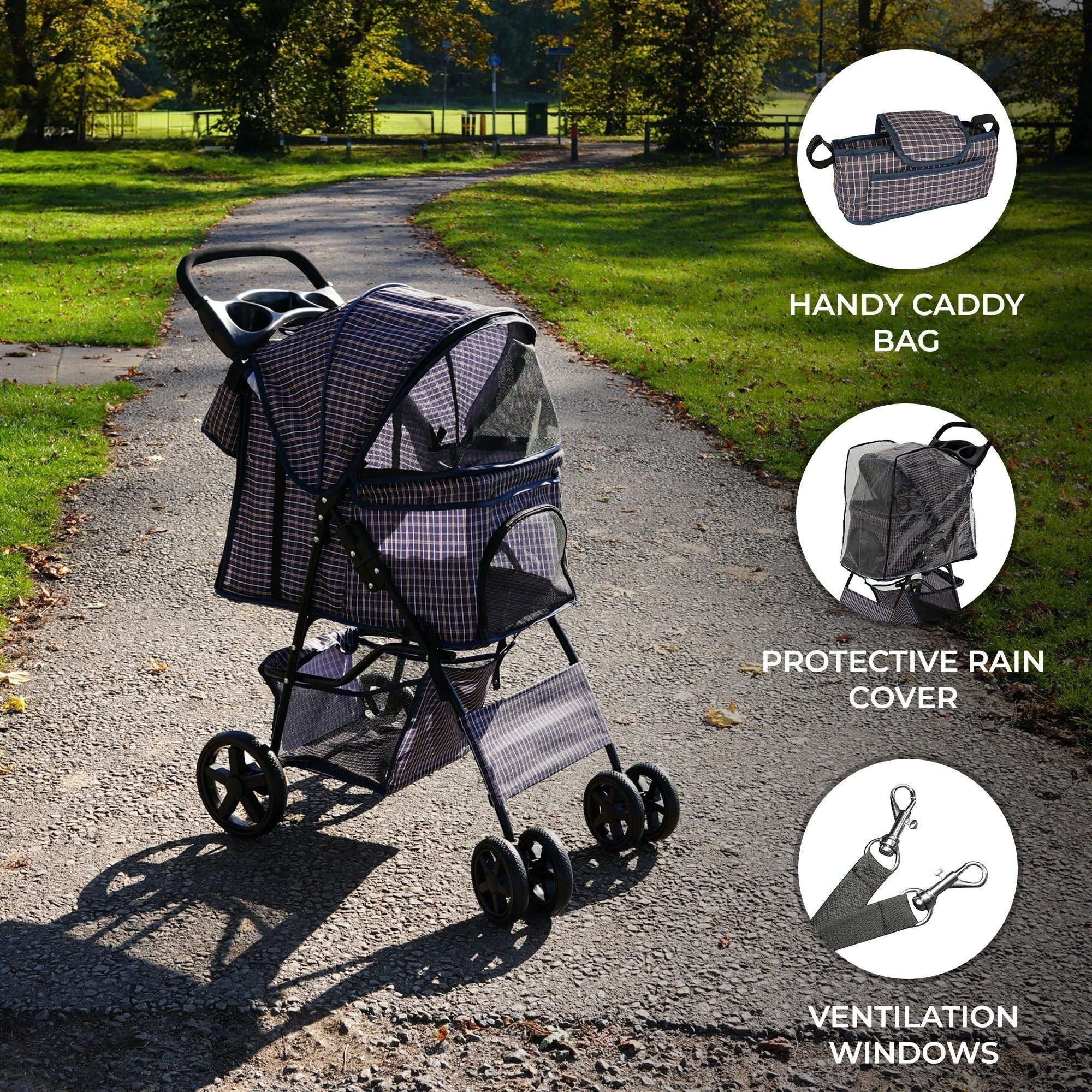 Pet Stroller with Rain Cover & Caddy Bag - Blue Tartan by Monster Shop