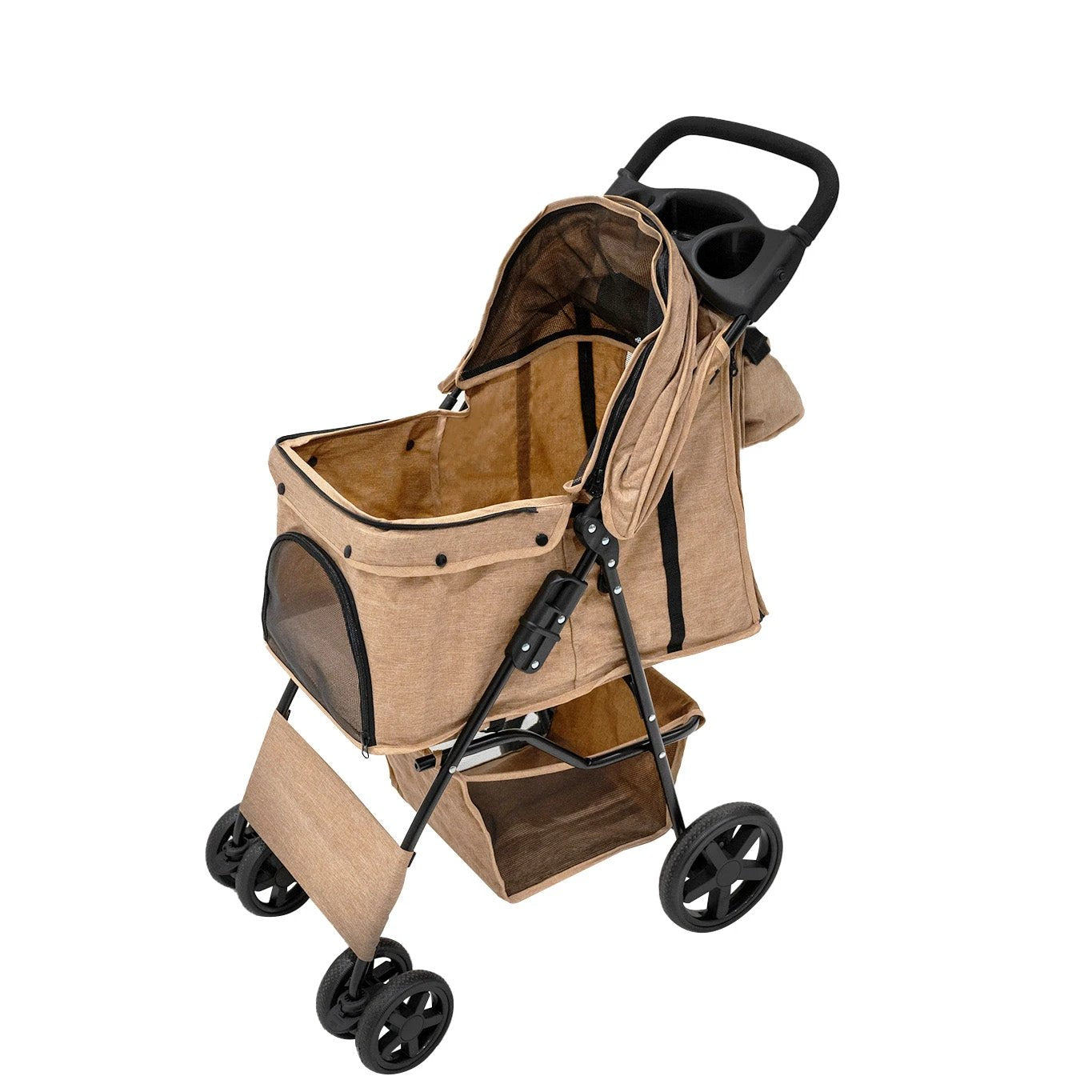 Monster Shop Pet Stroller with Rain Cover & Caddy Bag - Woven Beige -