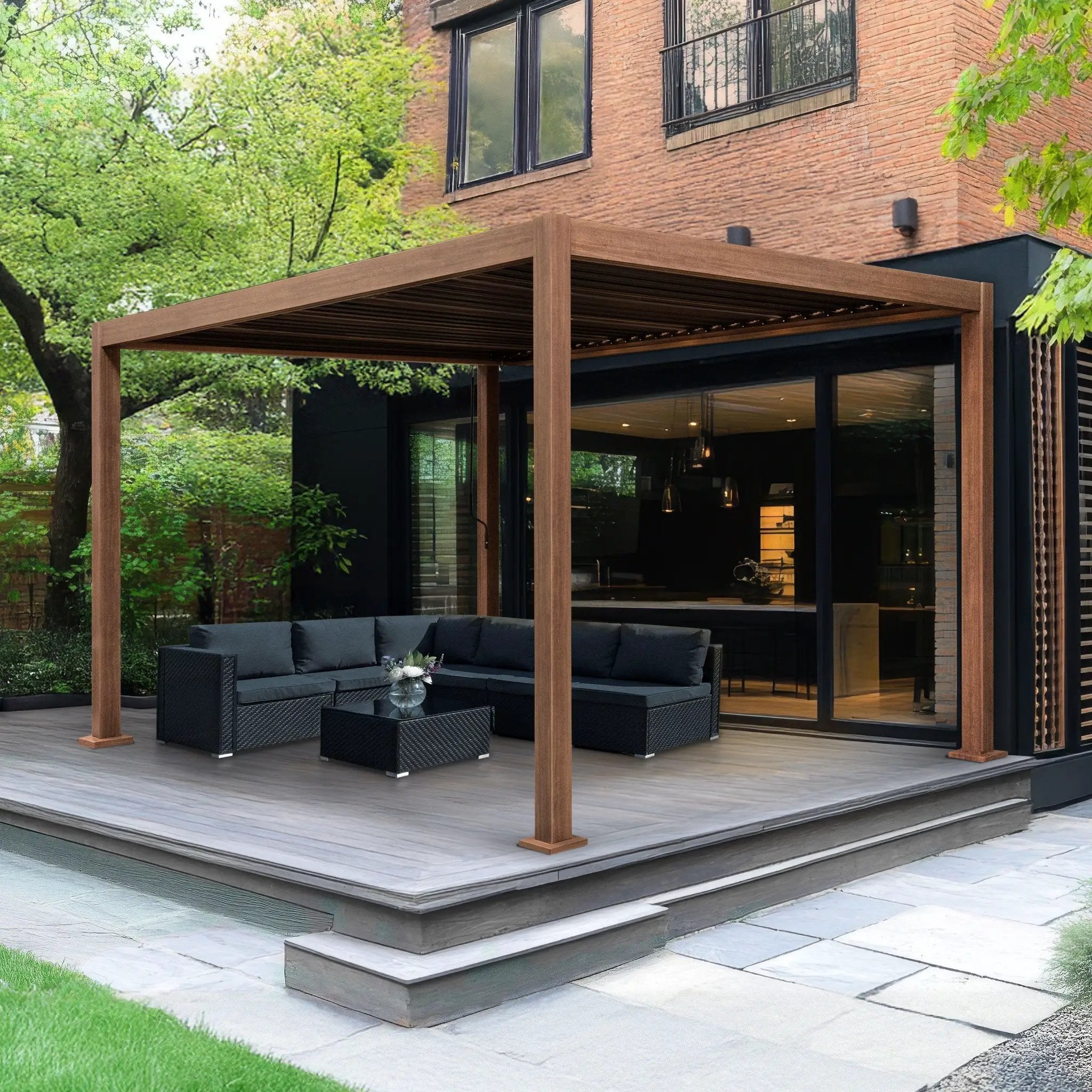 Monster Shop Wood Effect Aluminium Pergola 3m x 3m -