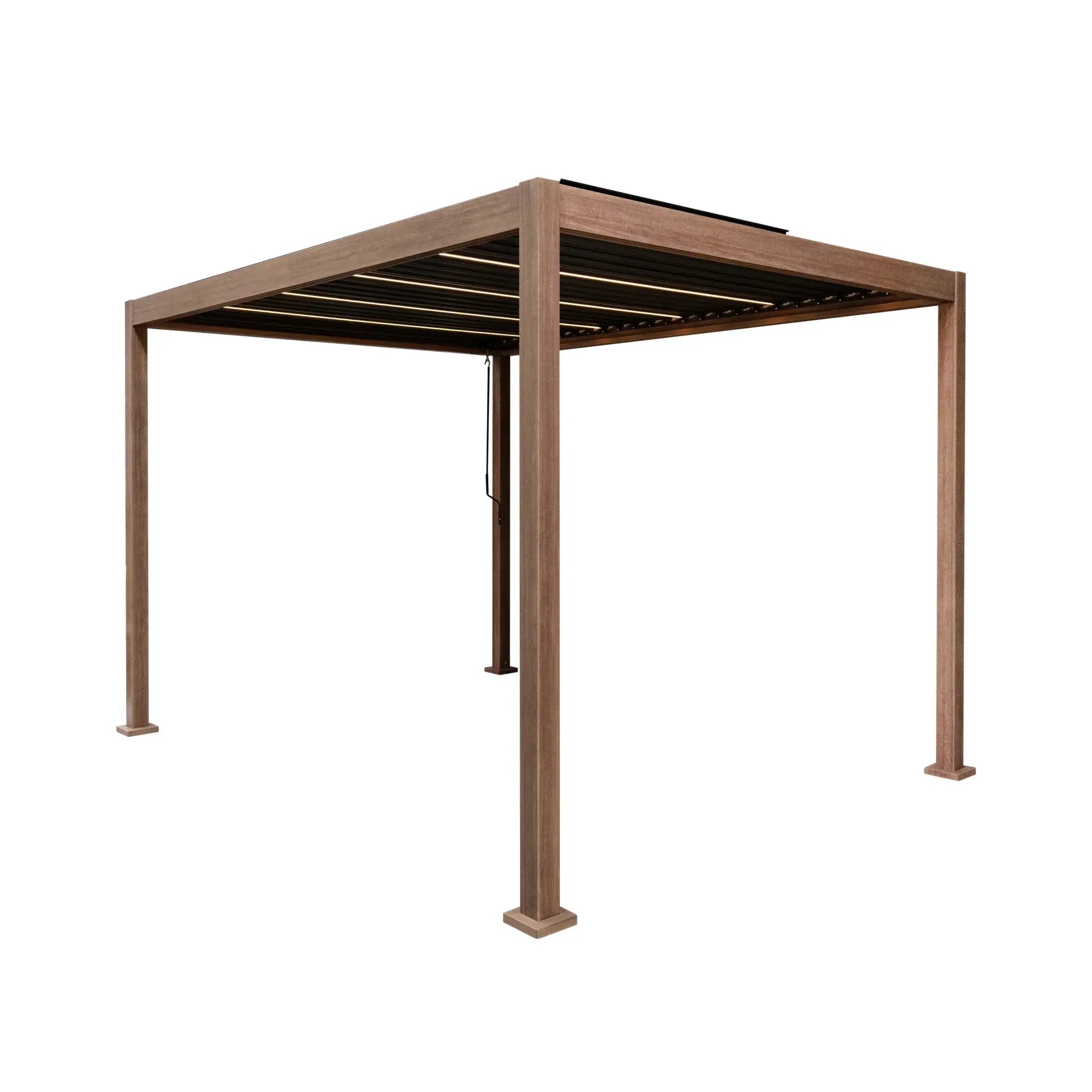 Monster Shop Wood Effect Aluminium Pergola with LED Lights - 3m x 3m -