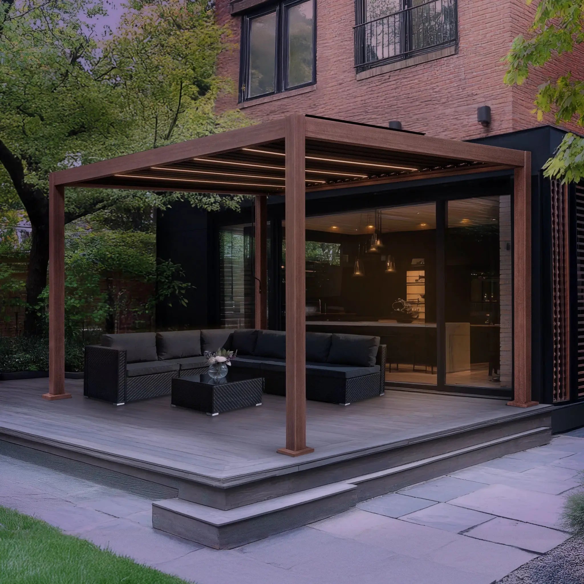 Monster Shop Wood Effect Aluminium Pergola with LED Lights - 3m x 3m -