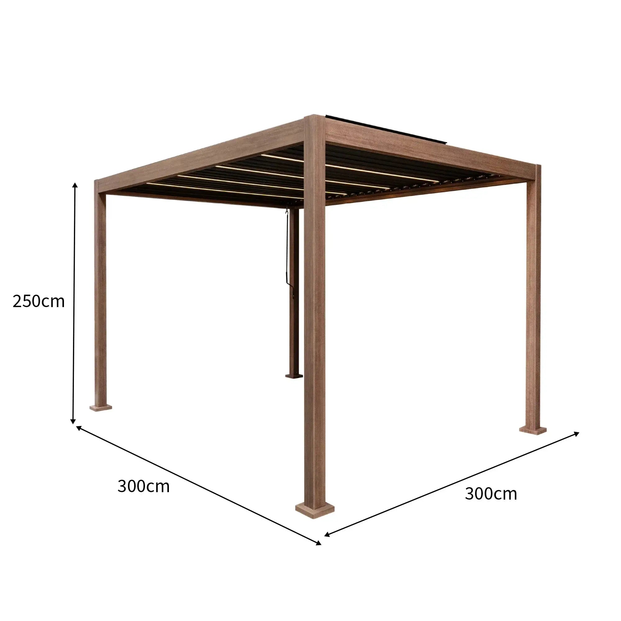 Monster Shop Wood Effect Aluminium Pergola with LED Lights - 3m x 3m -