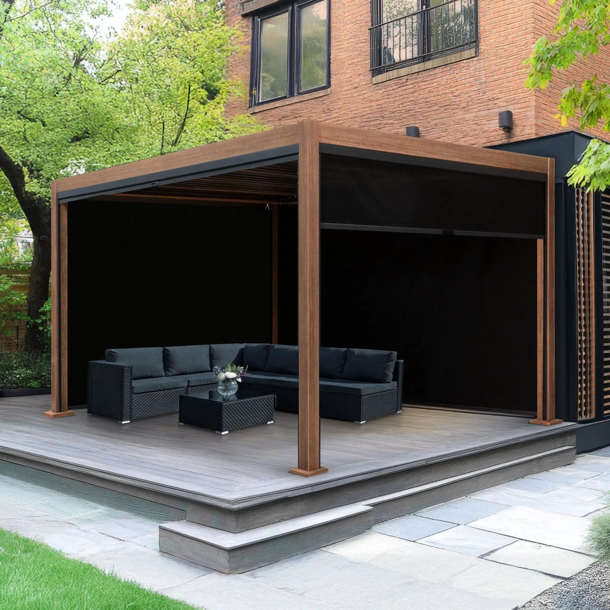 Monster Shop Wood Effect Aluminium Pergola With Blinds - 3m x 3m -