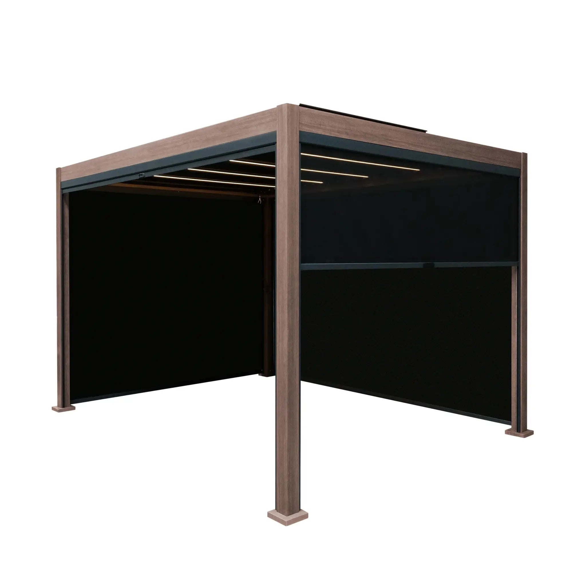 Monster Shop Wood Effect Aluminium Pergola With Blinds & LED Lights - 3m x 3m -