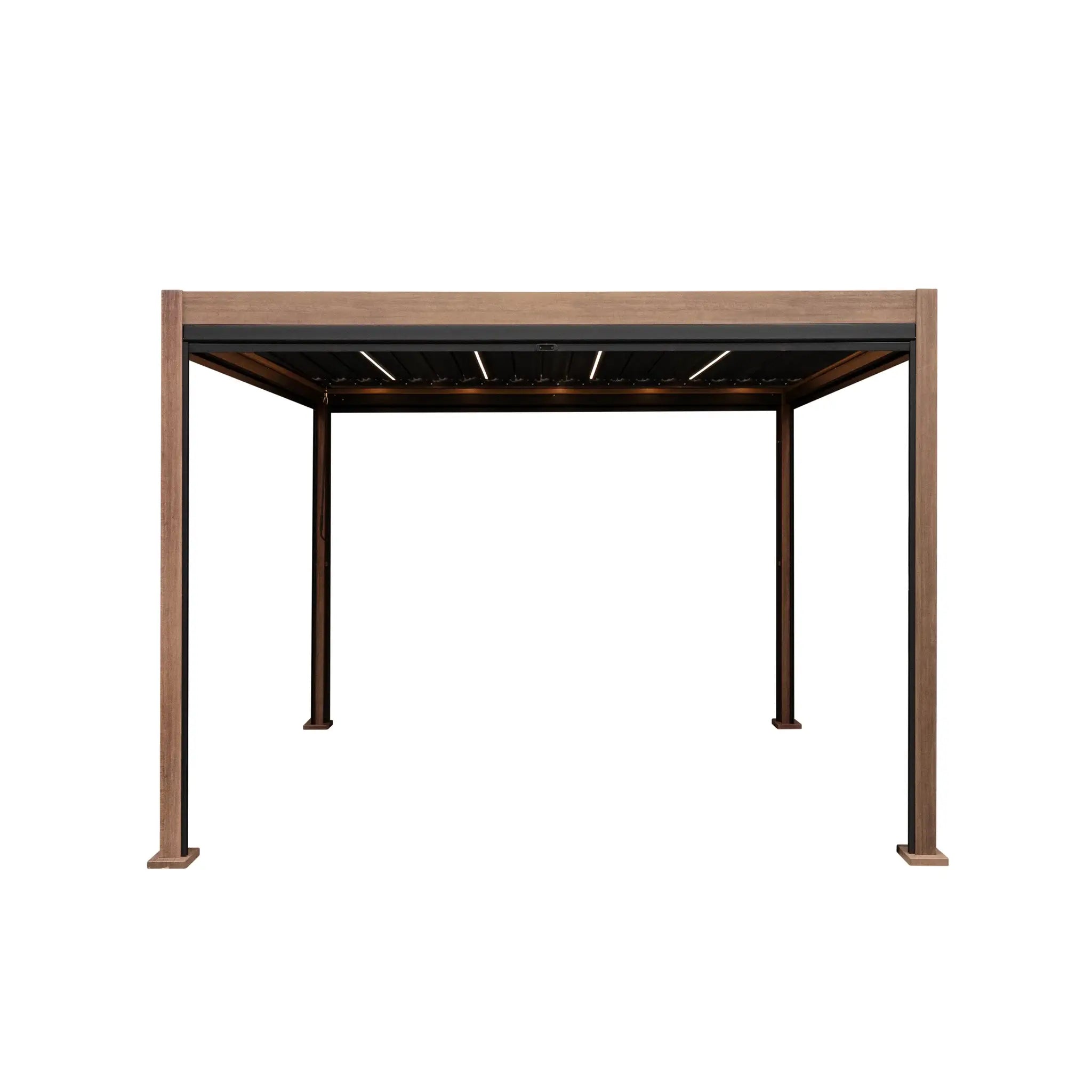 Monster Shop Wood Effect Aluminium Pergola With Blinds & LED Lights - 3m x 3m -