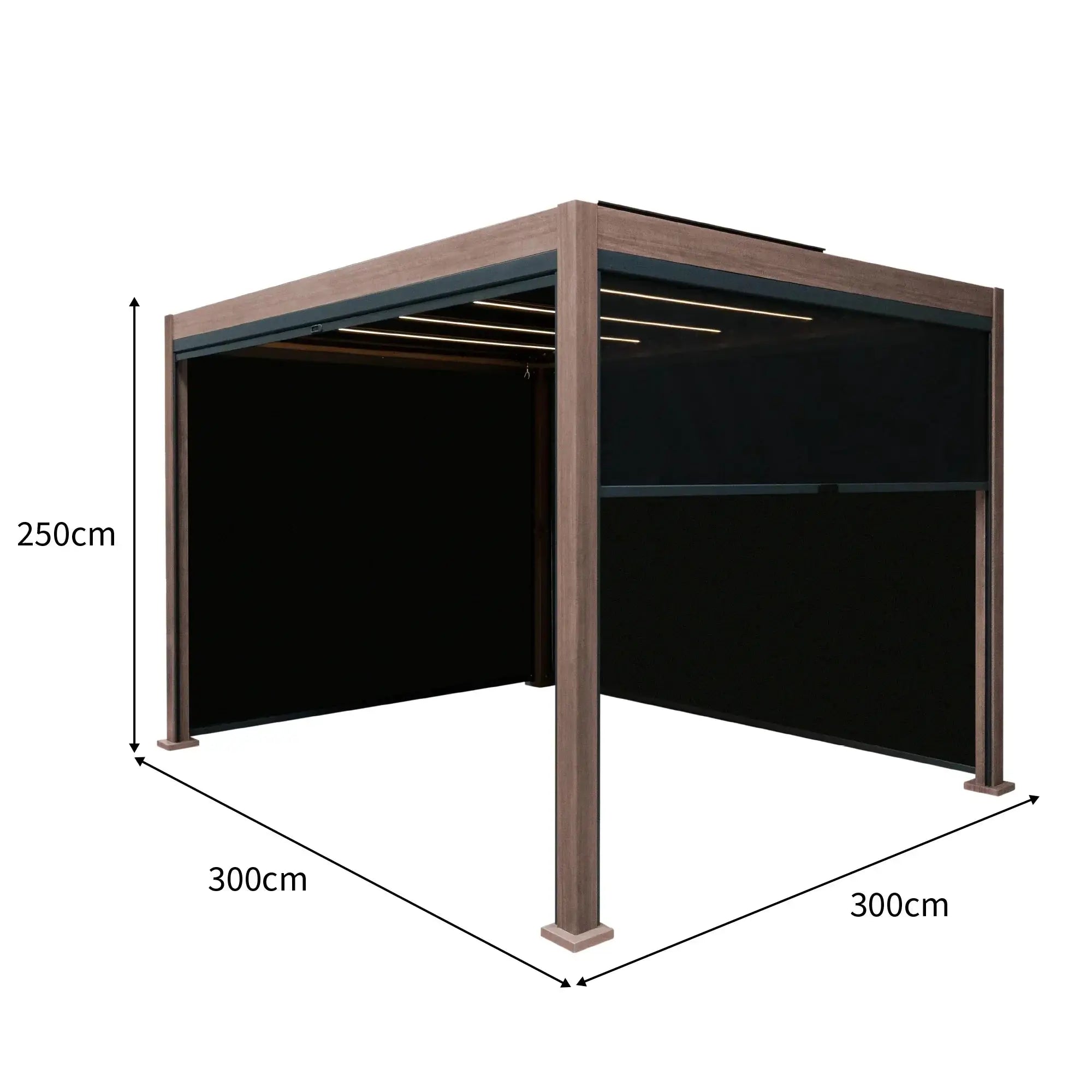 Monster Shop Wood Effect Aluminium Pergola With Blinds & LED Lights - 3m x 3m -