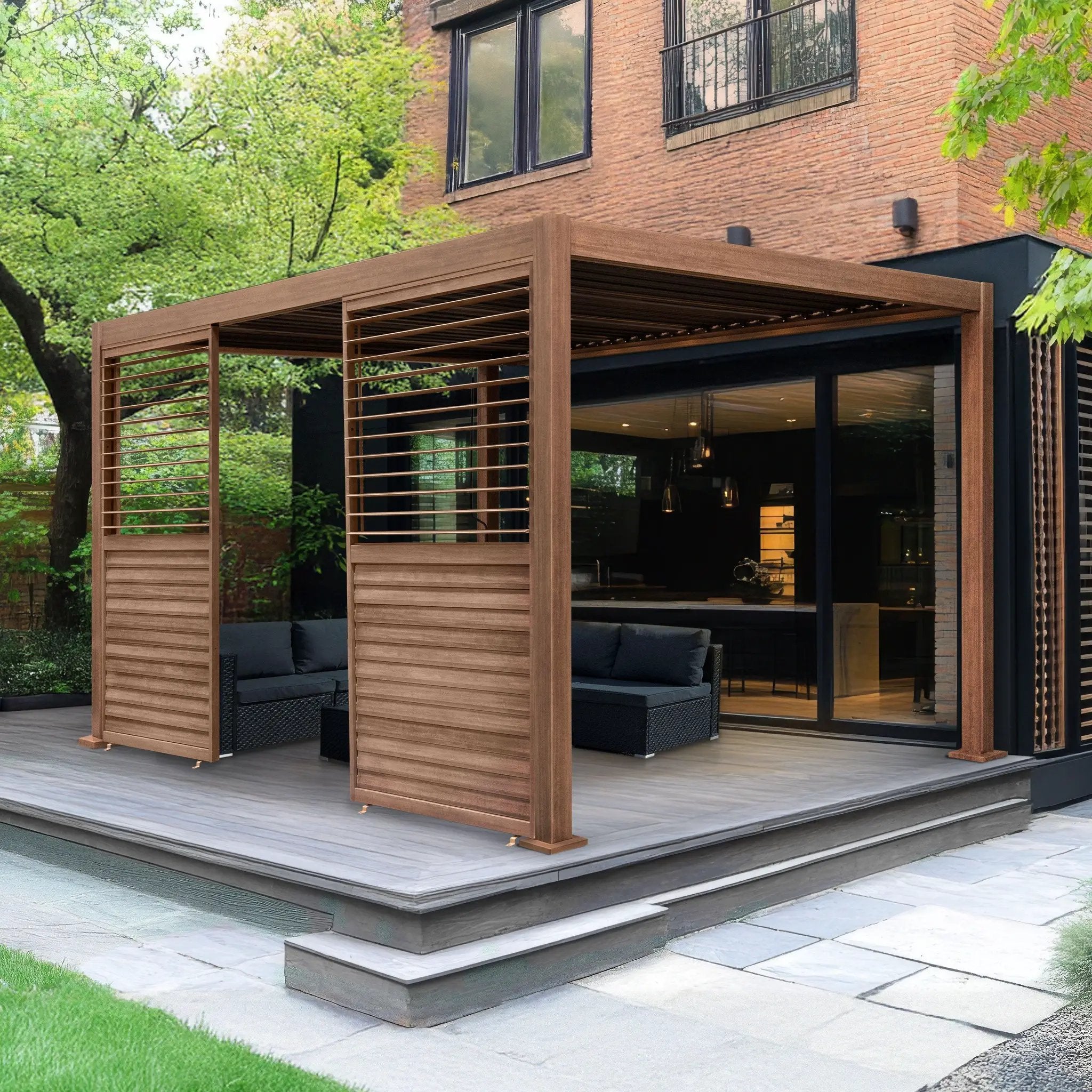 Monster Shop Wood Effect Aluminium Pergola 3 x 3m with 2 Louvre Panels -