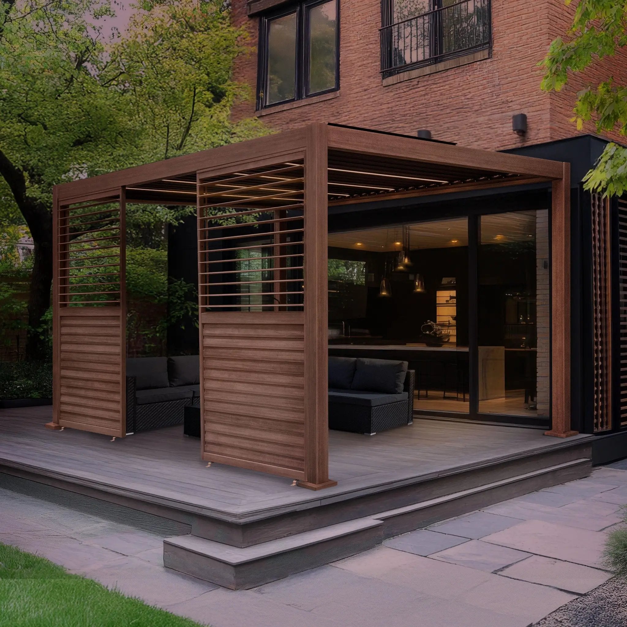Monster Shop Wood Effect Aluminium Pergola With LED Lights & 2 x Side Panels - 3m x 3m -