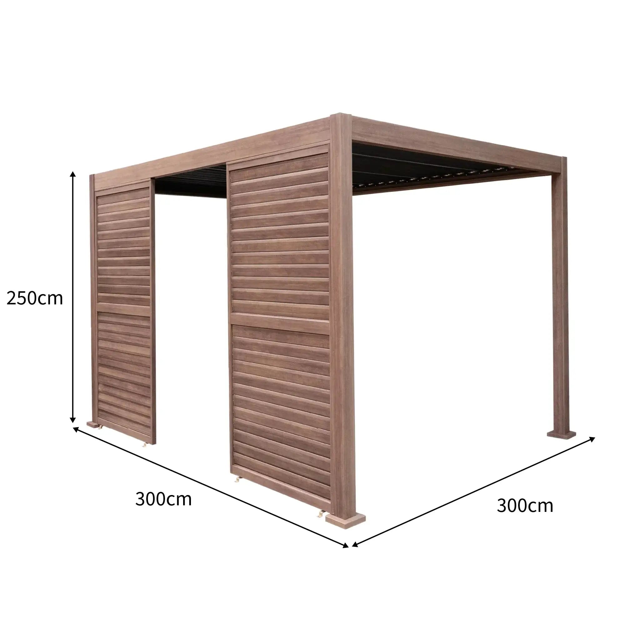 Monster Shop Wood Effect Aluminium Pergola With LED Lights & 2 x Side Panels - 3m x 3m -