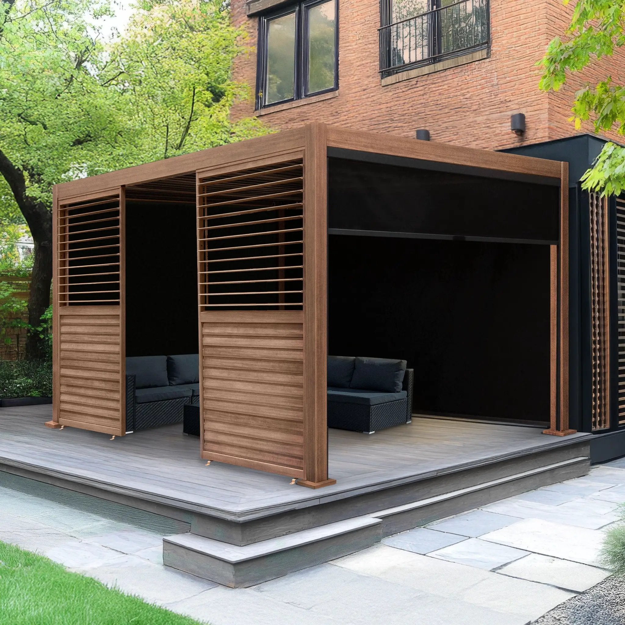 Monster Shop Wood Effect Aluminium Pergola With Blinds & 2 Louvre Panels - 3m x 3m -