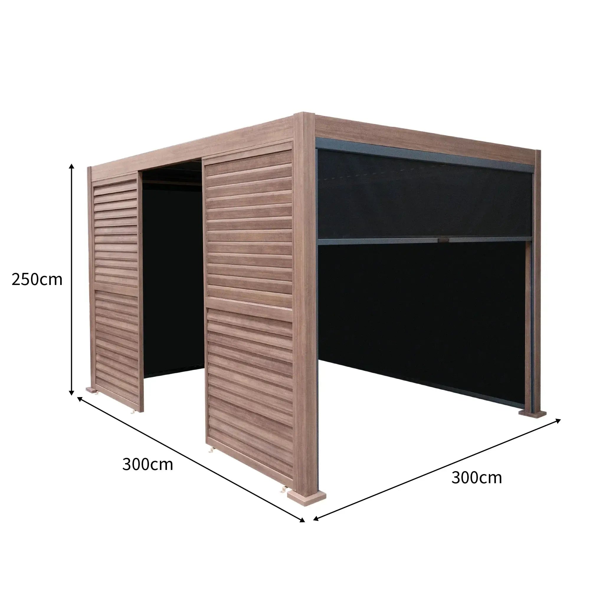 Monster Shop Wood Effect Aluminium Pergola With Blinds & 2 Louvre Panels - 3m x 3m -