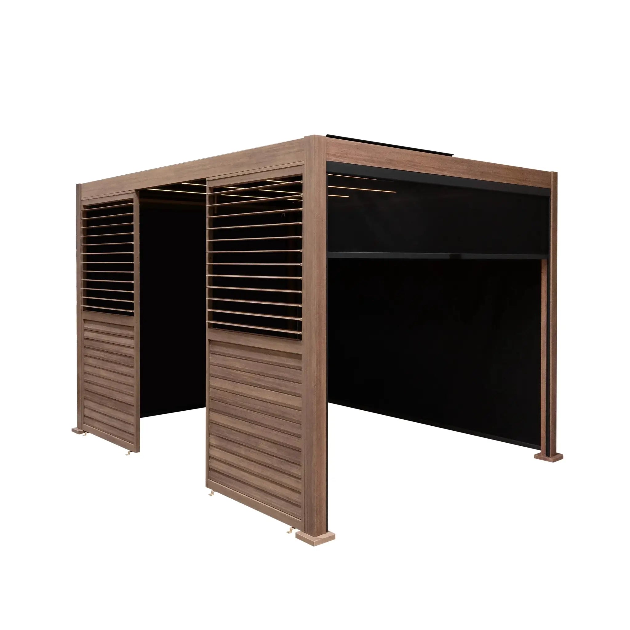 Monster Shop Wood Effect Aluminium Pergola With Blinds, 2 x Side Panels & LED Lights - 3m x 3m -