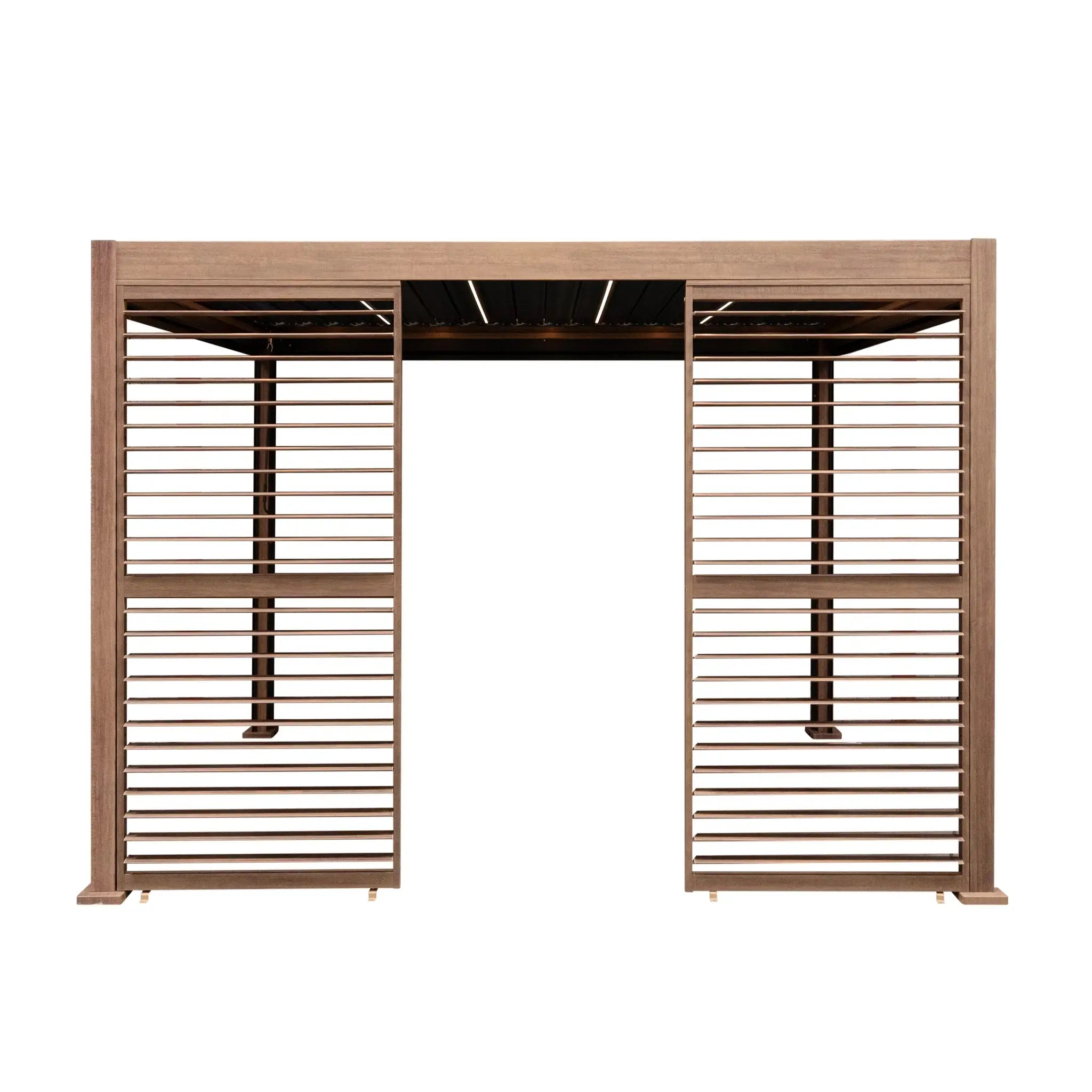 Monster Shop Wood Effect Aluminium Pergola With Blinds, 2 x Side Panels & LED Lights - 3m x 3m -