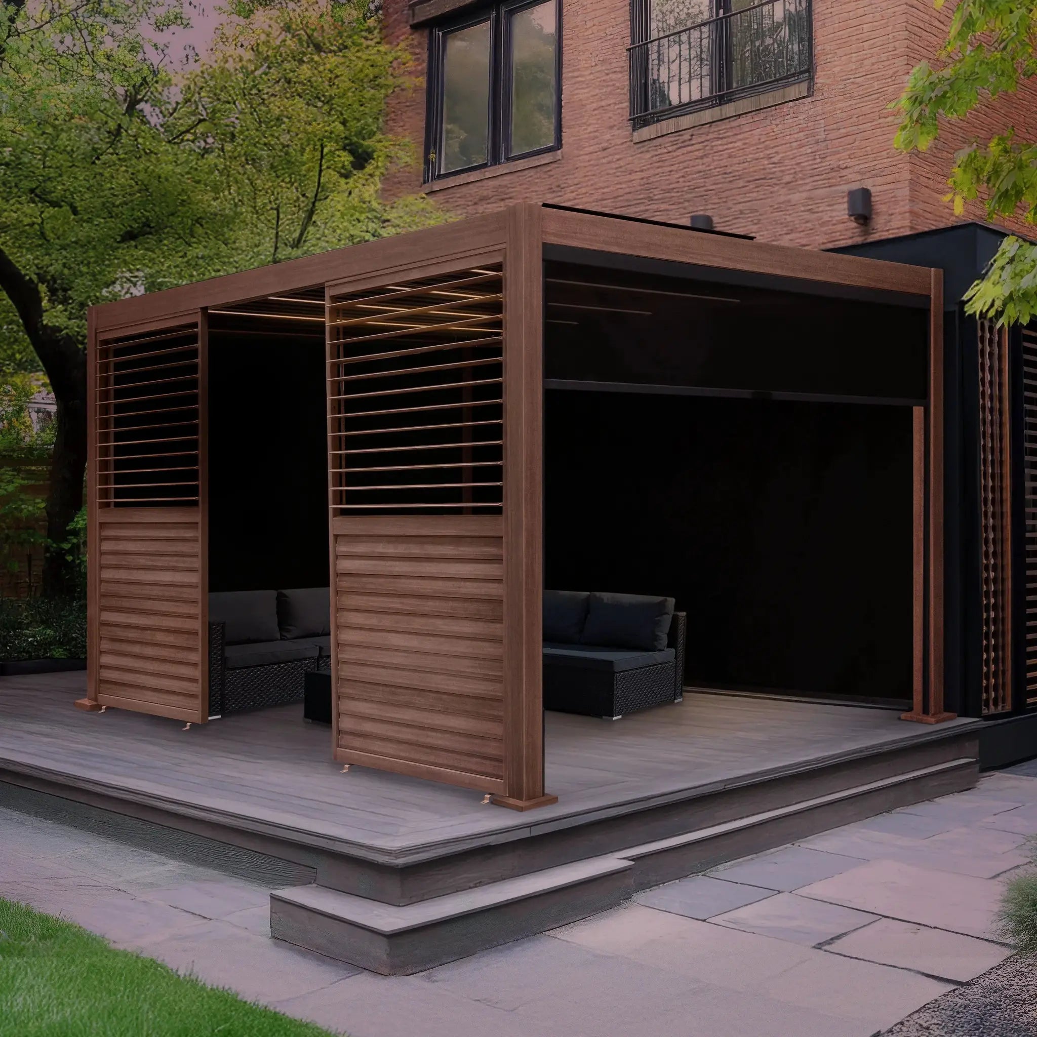 Monster Shop Wood Effect Aluminium Pergola With Blinds, 2 x Side Panels & LED Lights - 3m x 3m -