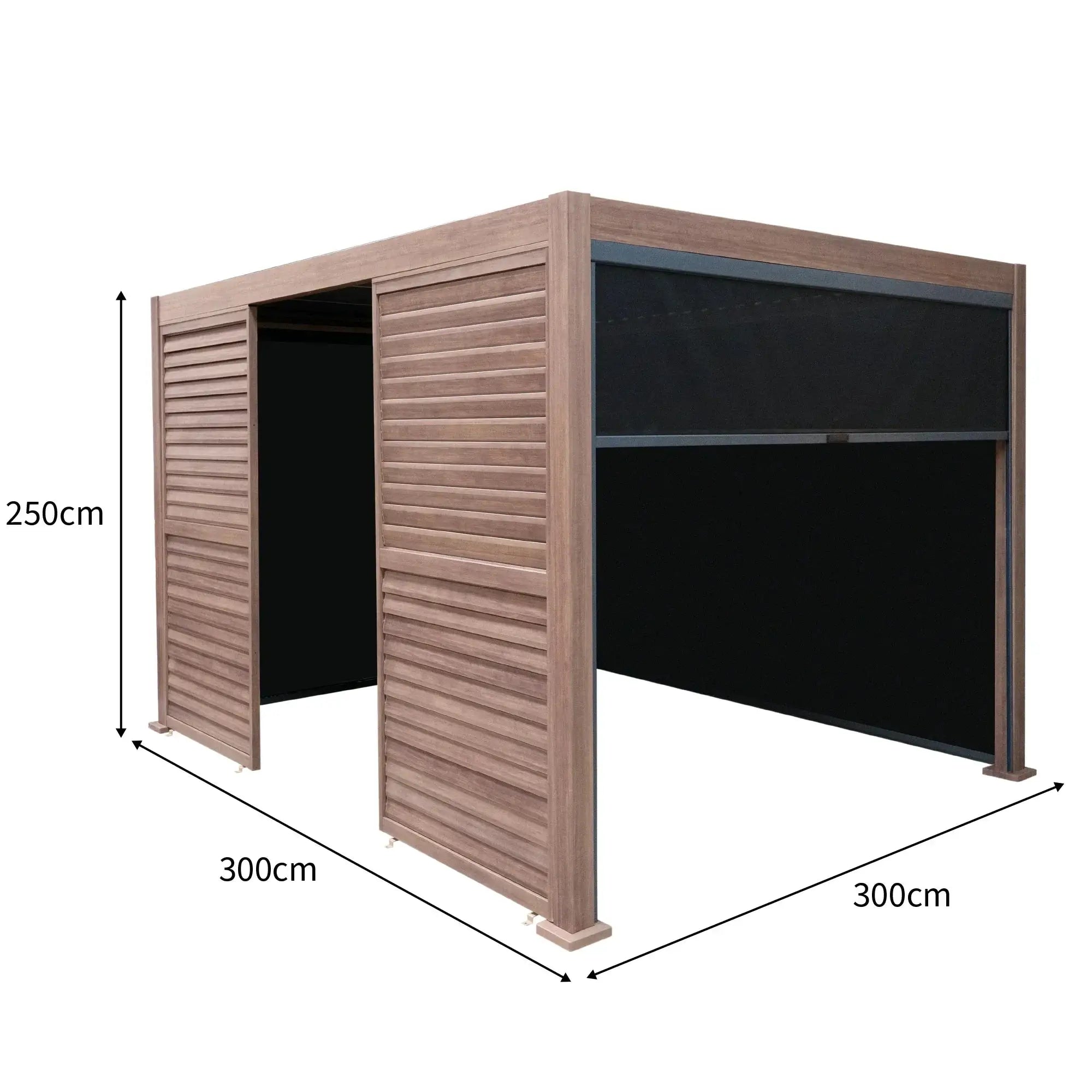 Monster Shop Wood Effect Aluminium Pergola With Blinds, 2 x Side Panels & LED Lights - 3m x 3m -