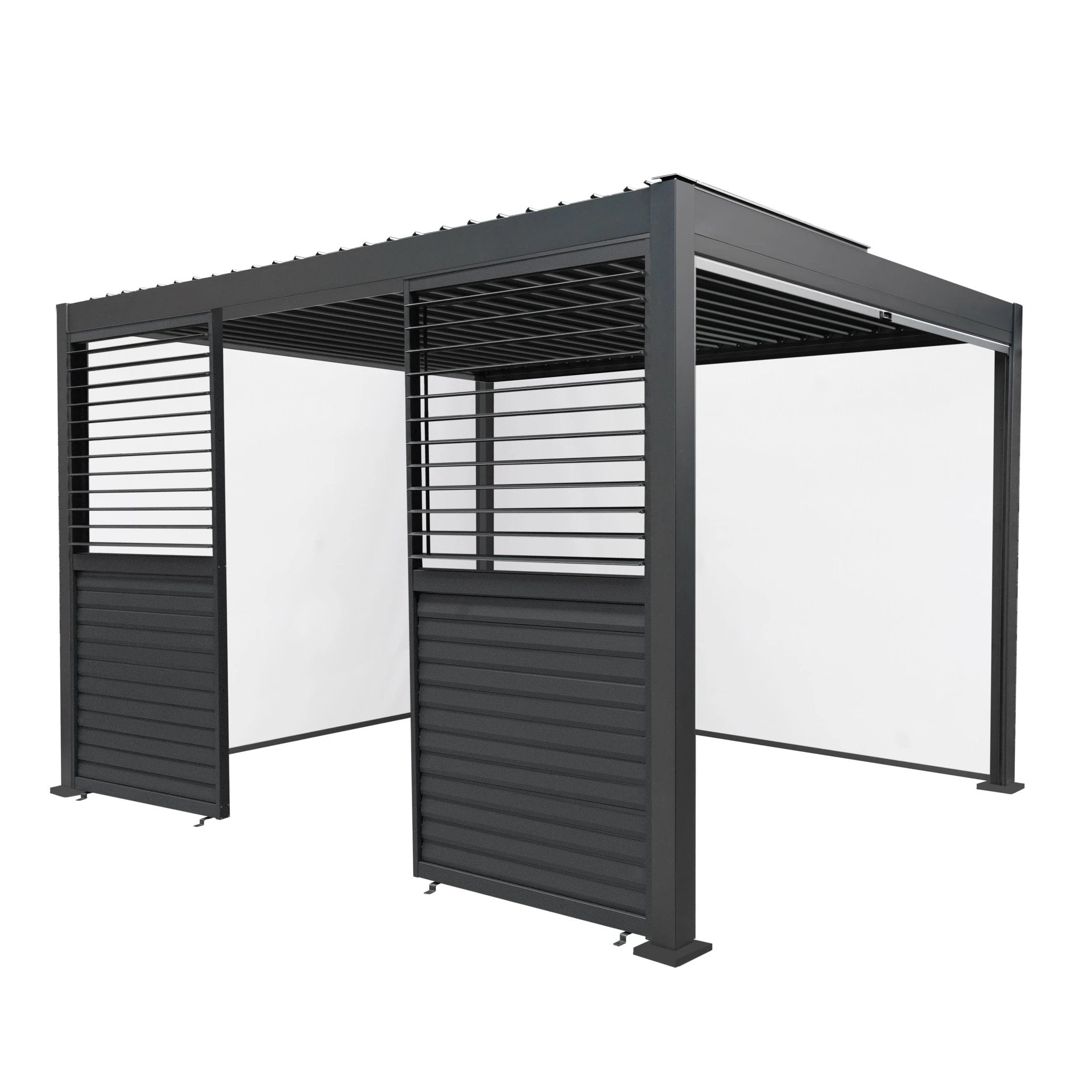 Monster Shop Anthracite Aluminium Pergola With White Blinds And Louvre Panels 3m x 4m Outdoor Living - Uncategorized Gazebos