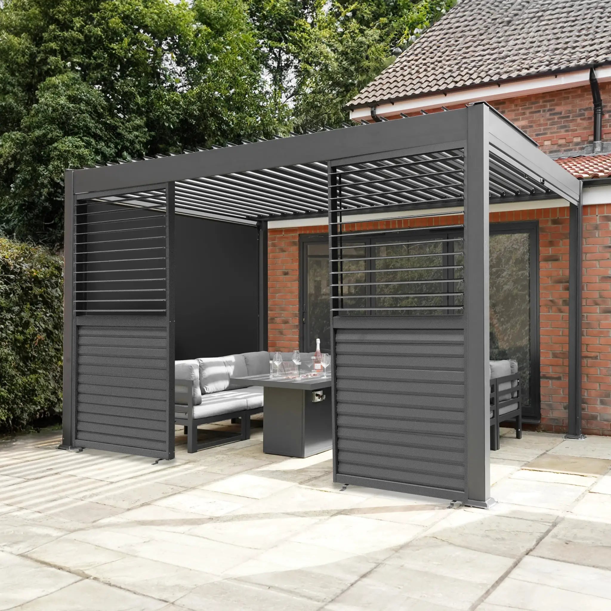 Monster Shop Aluminium Pergola With Anthracite Blinds & 2 Shutter Panels - 3m x 4m -