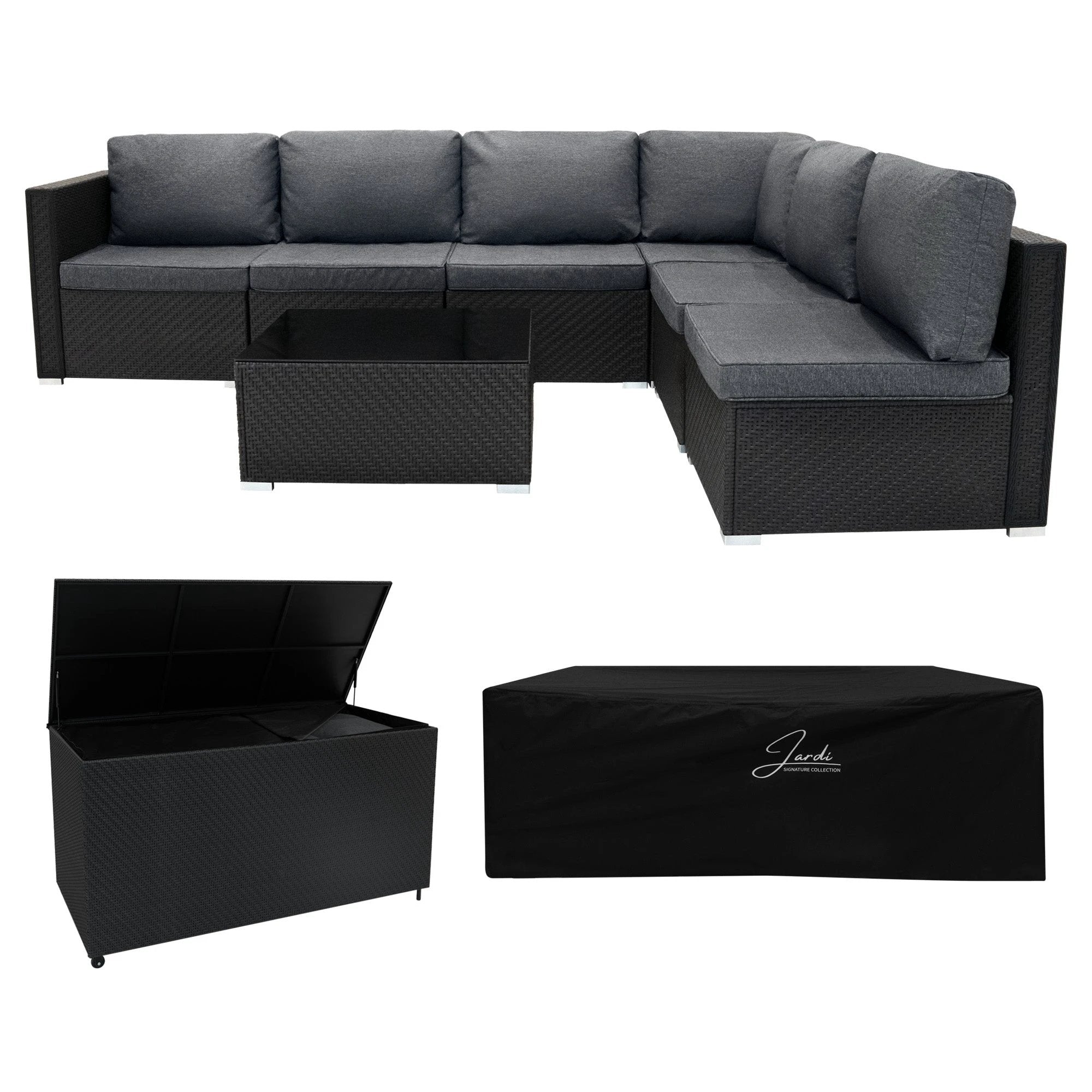 Monster Shop Rattan Modular 7 Piece Furniture Set & 700L Storage Box - Black -