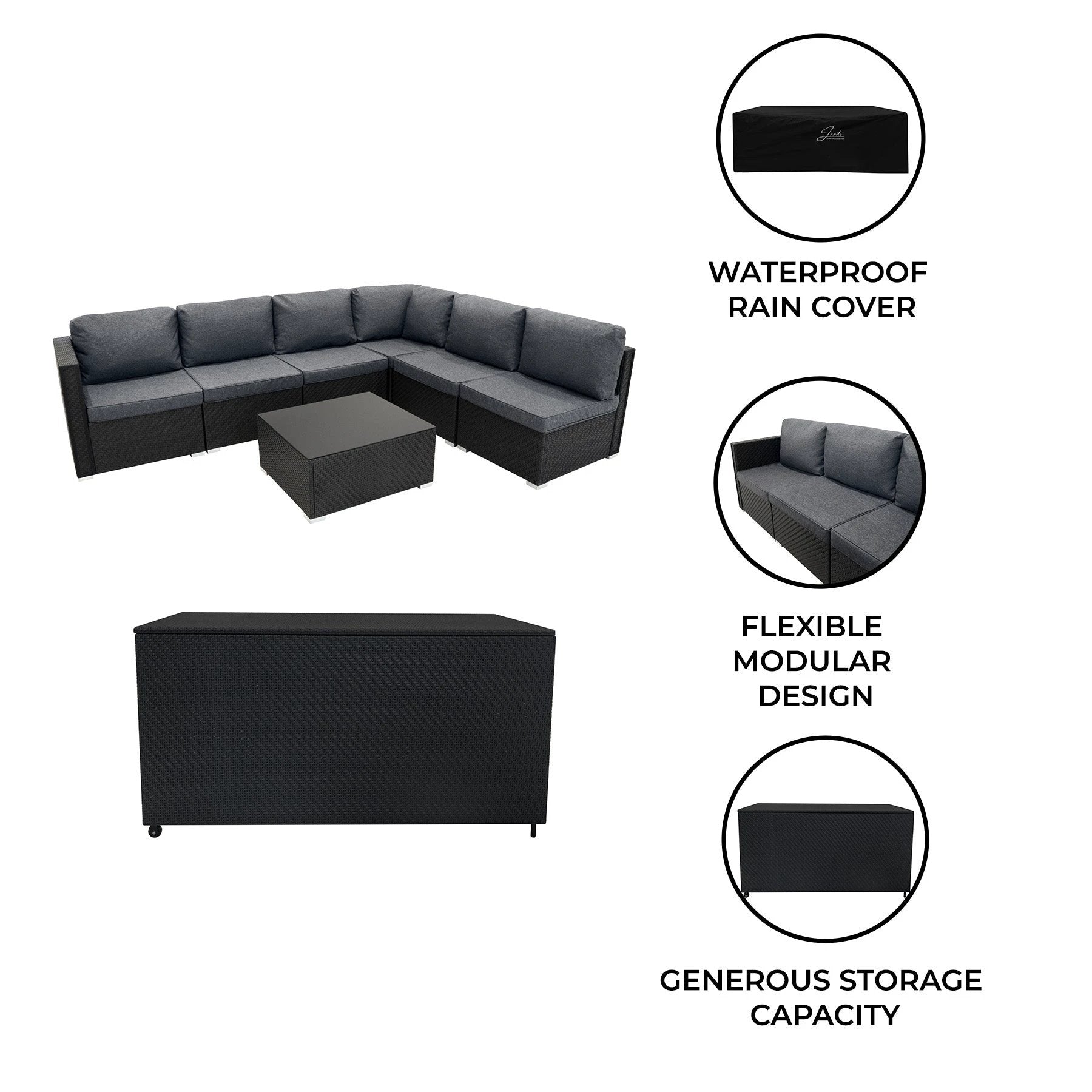 Monster Shop Rattan Modular 7 Piece Furniture Set & 996L Storage Box - Black -