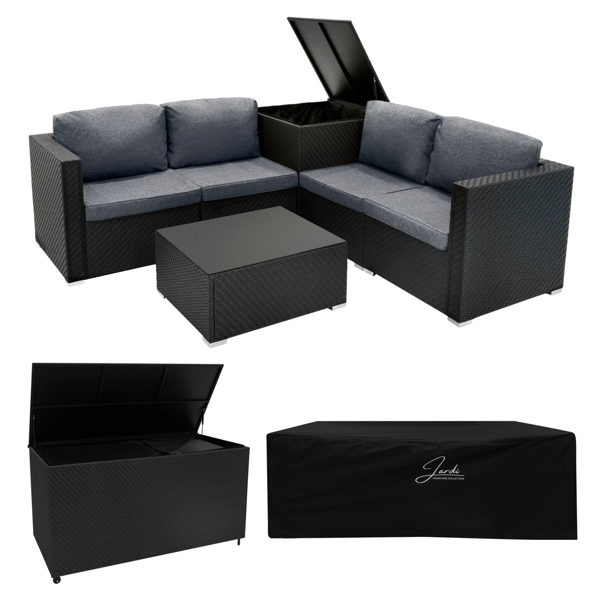 Rattan Modular 6 Piece Furniture Set & 996L Storage Box – Black by Monster Shop