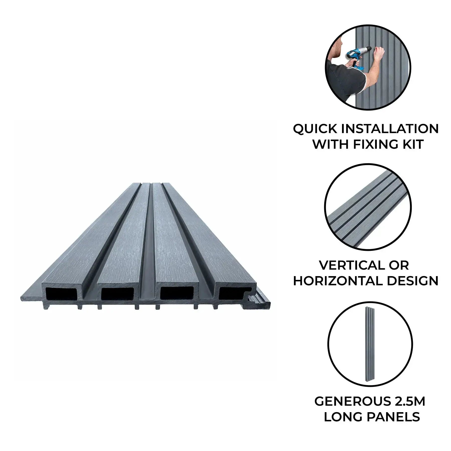 Monster Shop WPC Slatted Wall Cladding x 4 Panels – Grey -