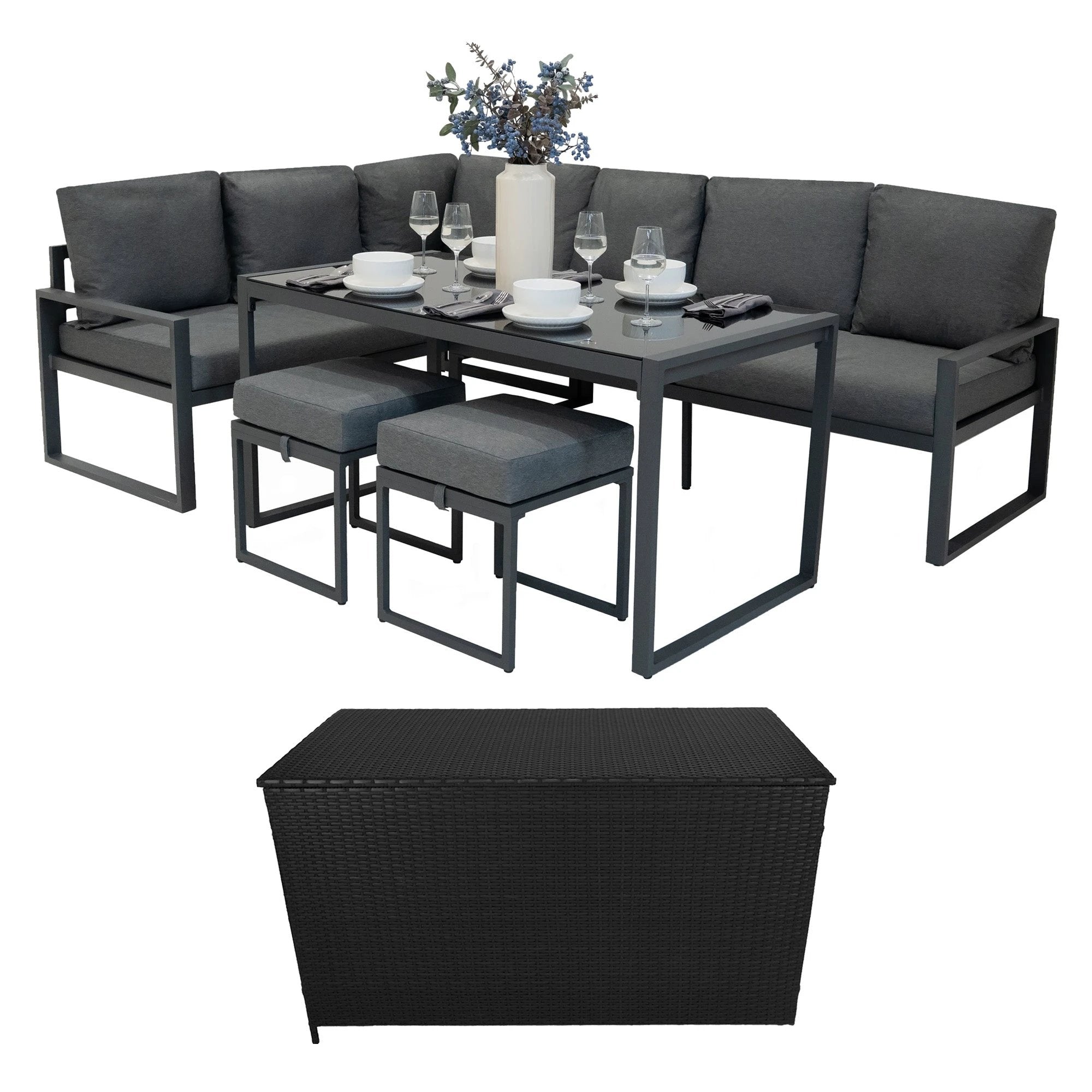 Aluminium Corner Sofa Set With Black Rattan Storage Box - Anthracite Grey by Monster Shop