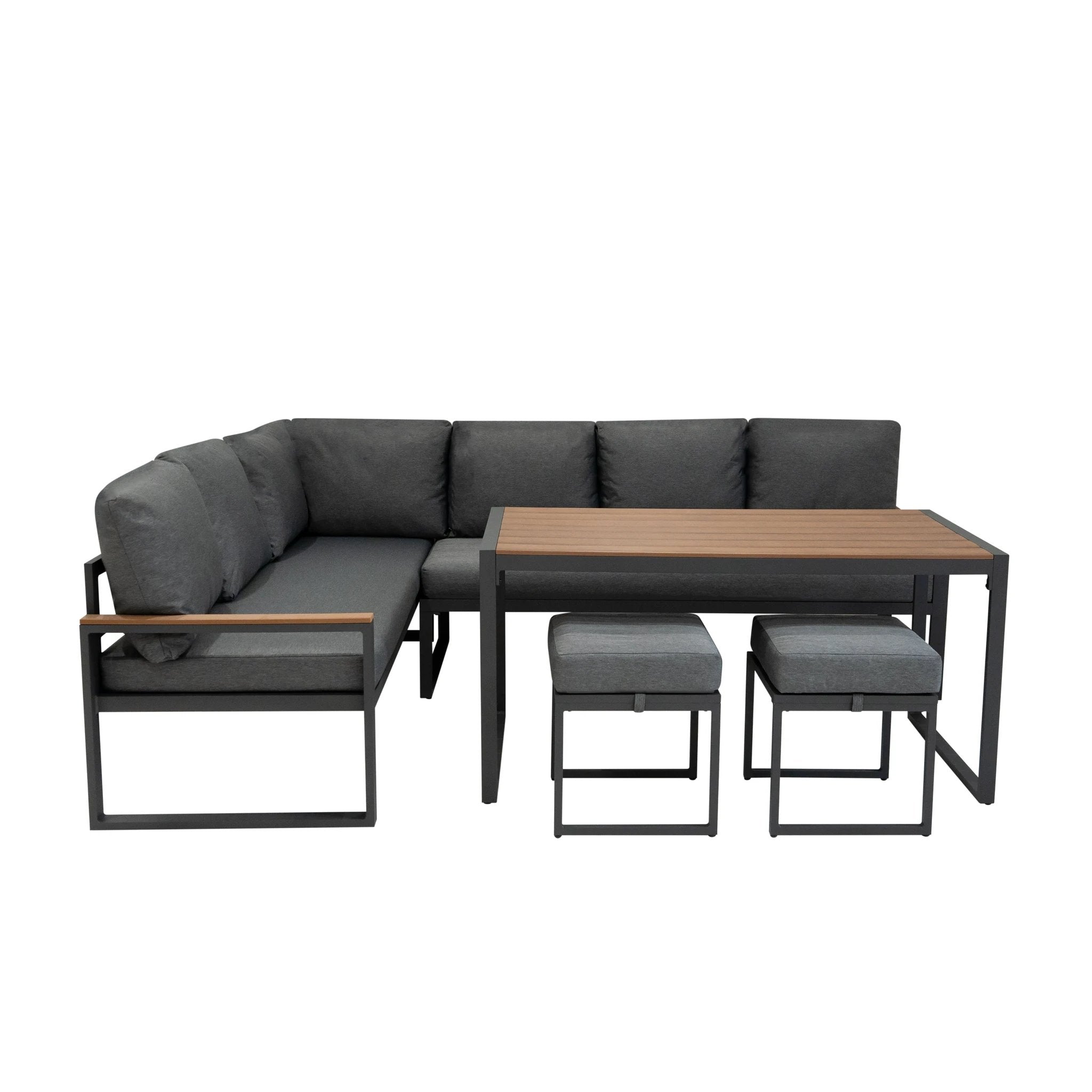 Monster Shop Aluminium Corner Sofa Set With Black Rattan Storage Box - Wood Effect -