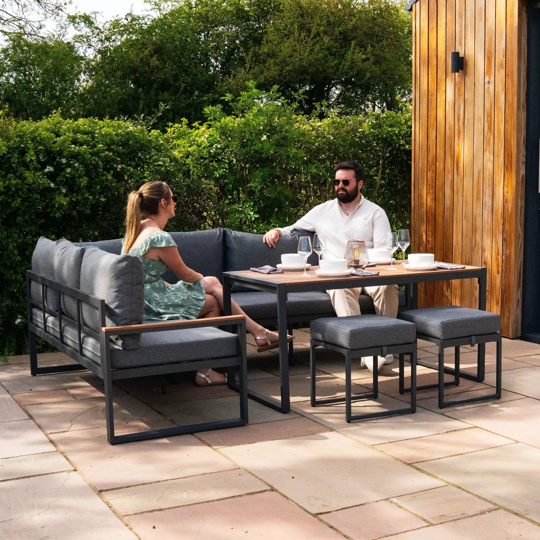 Monster Shop Aluminium Corner Sofa Set With Black Rattan Storage Box - Wood Effect -