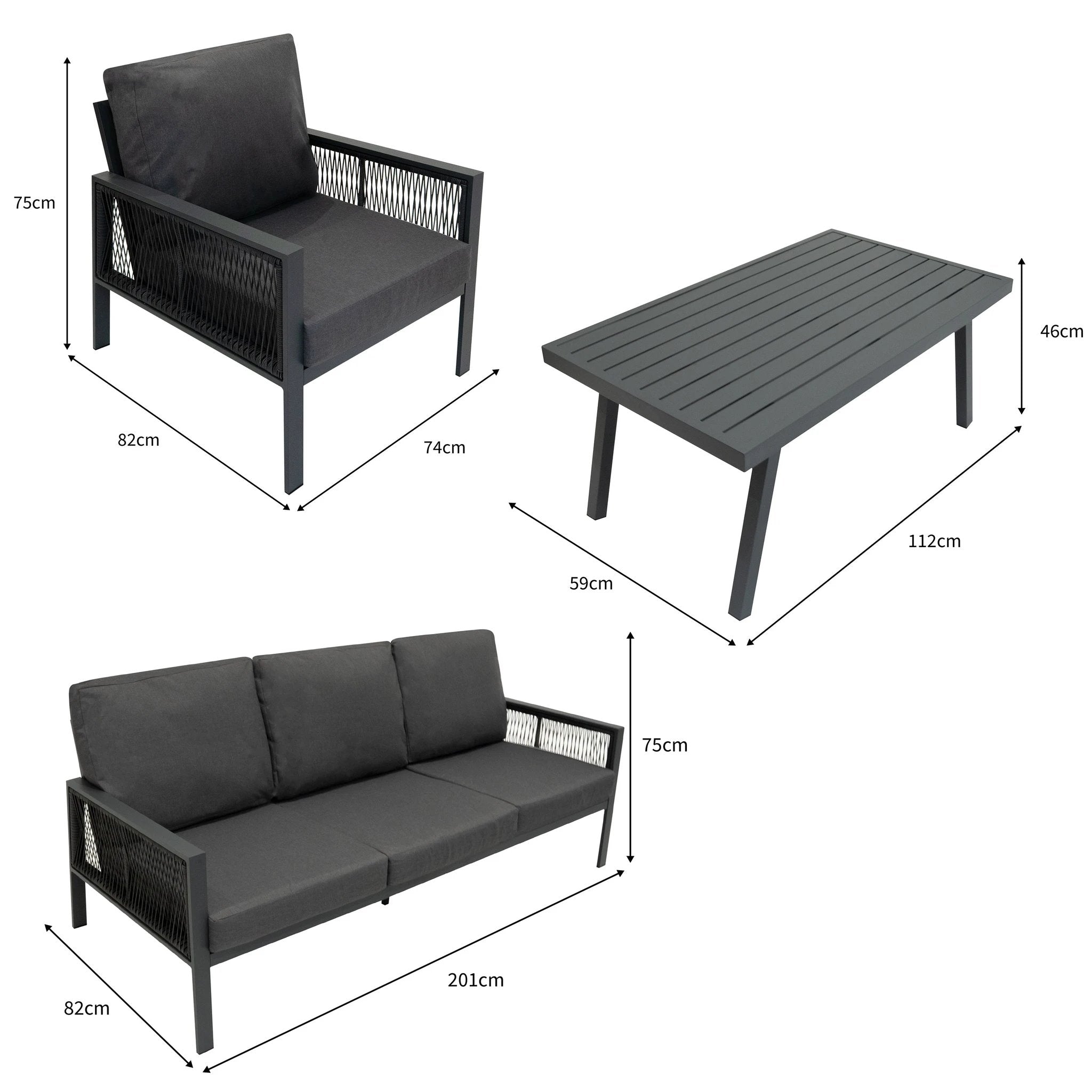 Monster Shop Aluminium 4 Piece Sofa Set with Black Rattan Storage Box - Anthracite Grey -