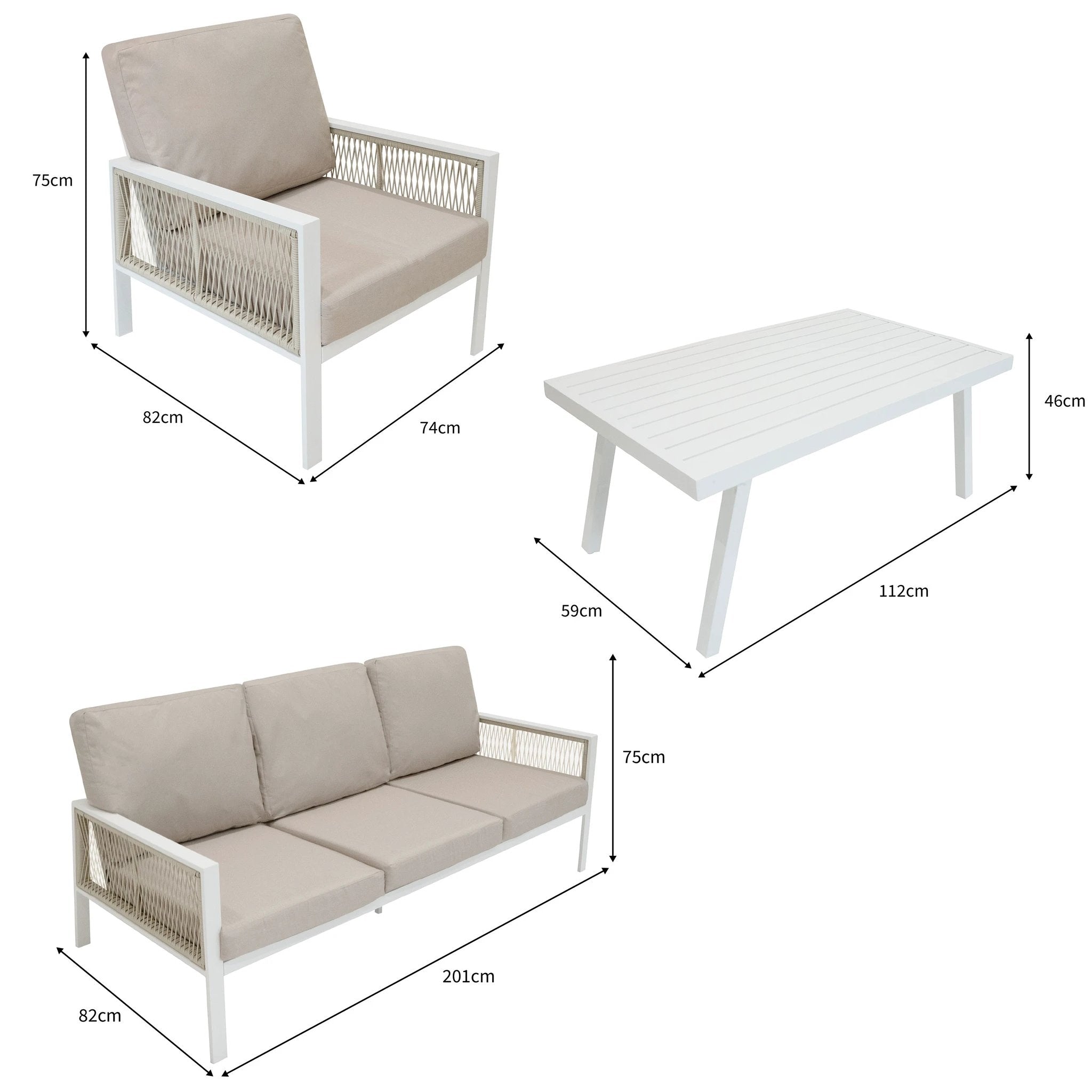 Aluminium 4 Piece Sofa Set with Black Rattan Storage Box - White by Monster Shop