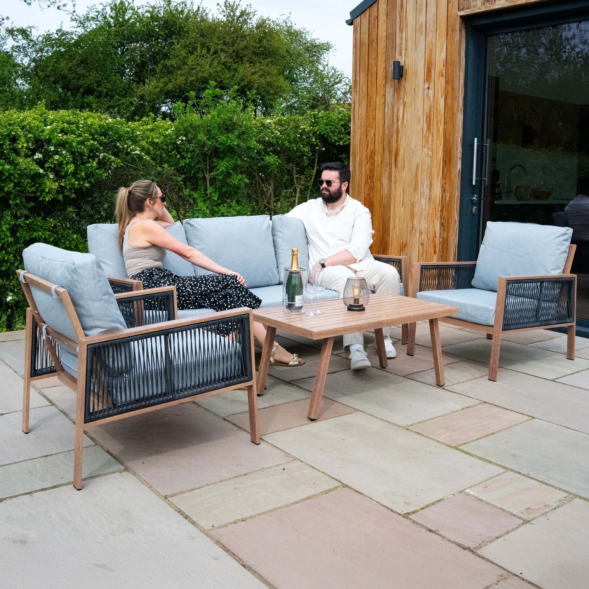 Aluminium 4 Piece Sofa Set with Black Rattan Storage Box - Wood Effect by Monster Shop