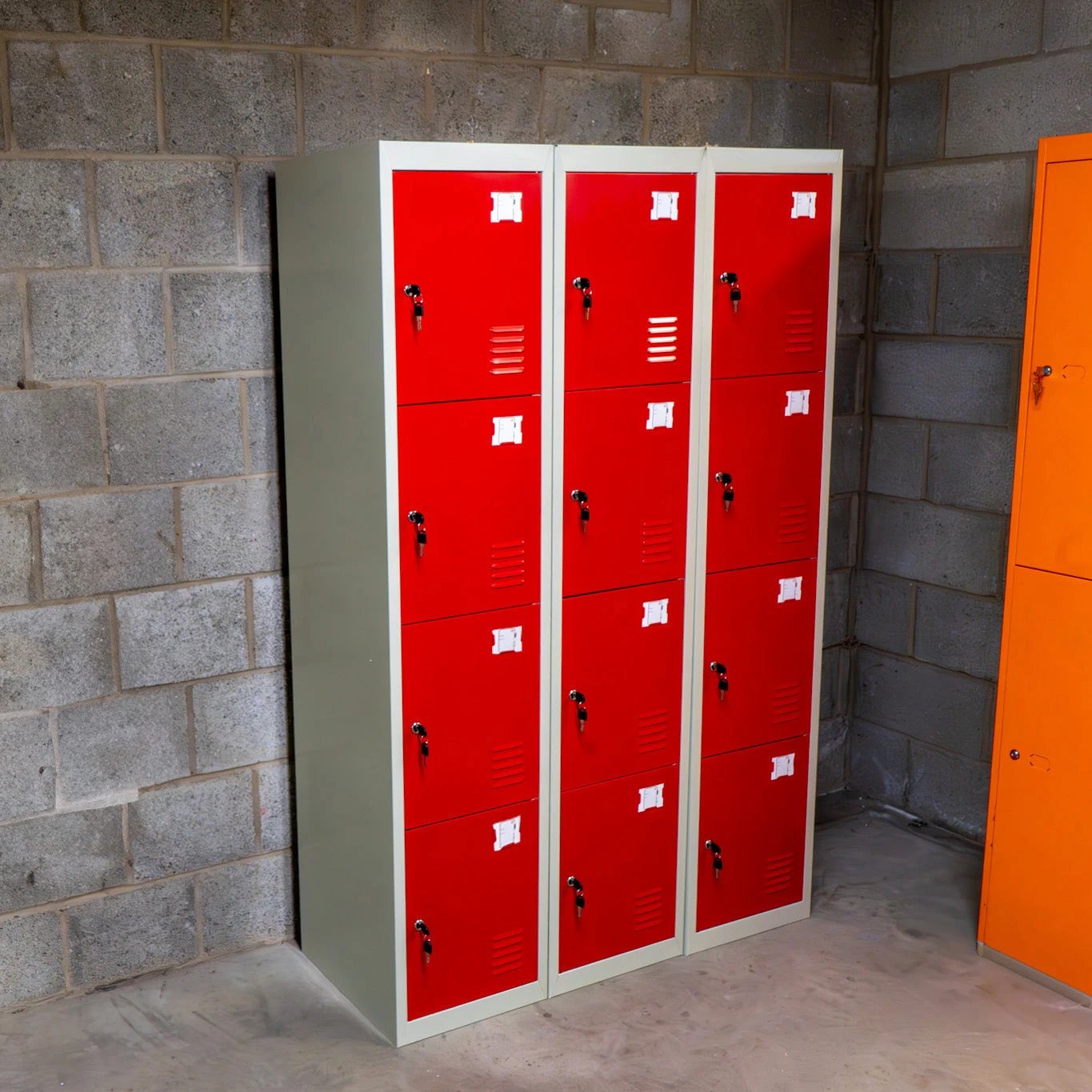3 x Metal Storage Lockers - Four Doors, Red by Monster Shop