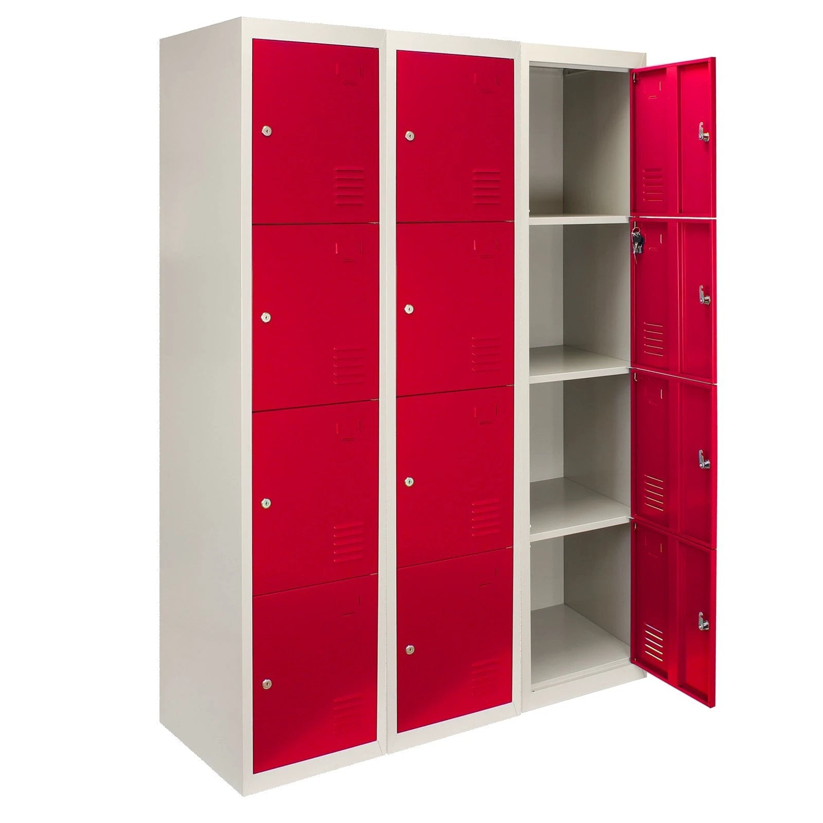 3 x Metal Storage Lockers - Four Doors, Red by Monster Shop
