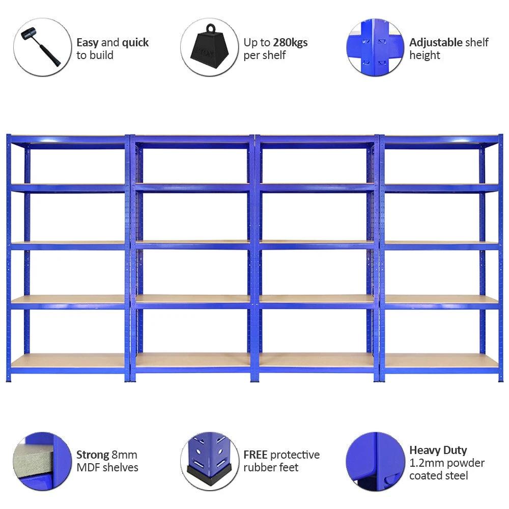 4 x 90cm Blue Storage Racks with 4200kg Capacity, Free Bay Connectors and Mallet by Monster Shop