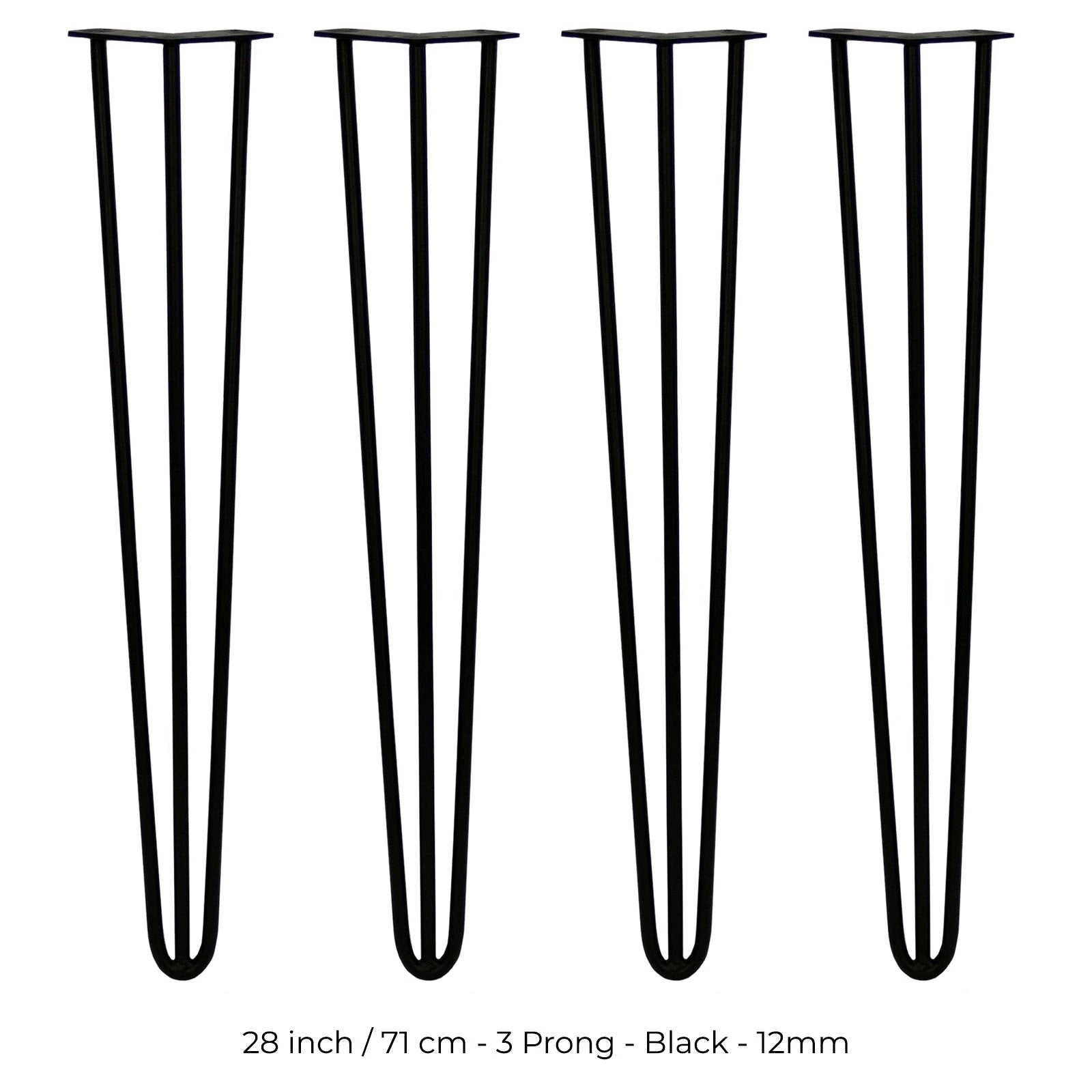 Monster Shop 4 x 28" Hairpin Legs - 3 Prong - 12mm - Black -