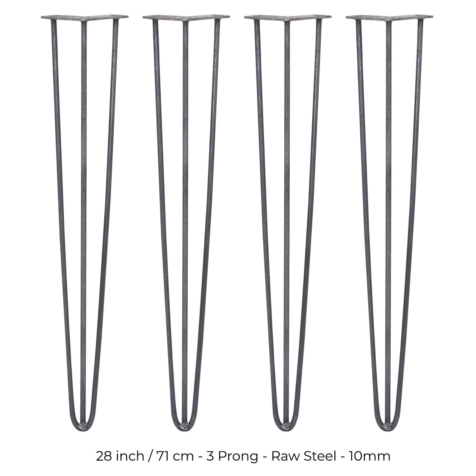 4 x 28" Hairpin Legs - 3 Prong - 10mm - Raw Steel by Monster Shop