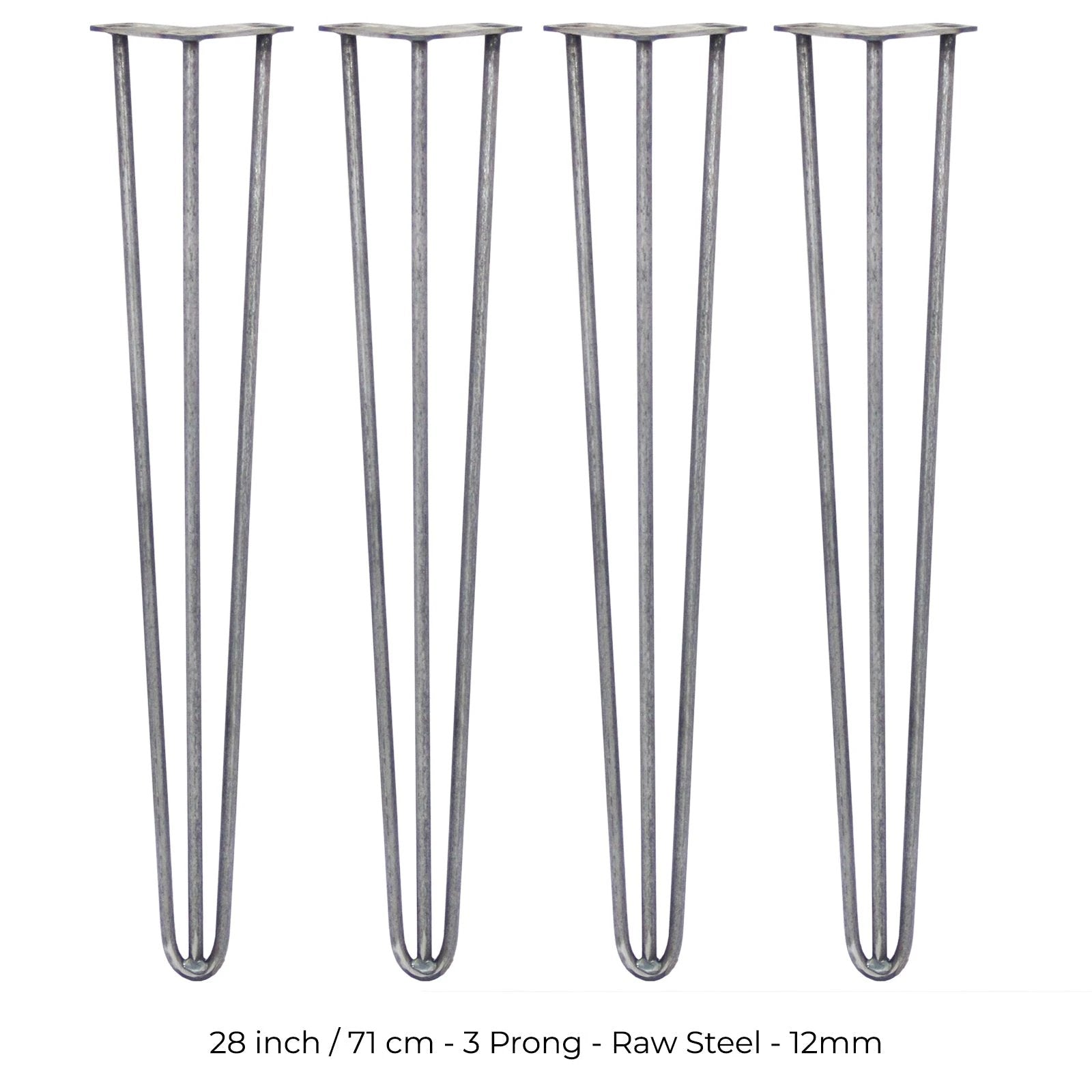4 x 28" Hairpin Legs - 3 Prong - 12mm - Raw Steel by Monster Shop